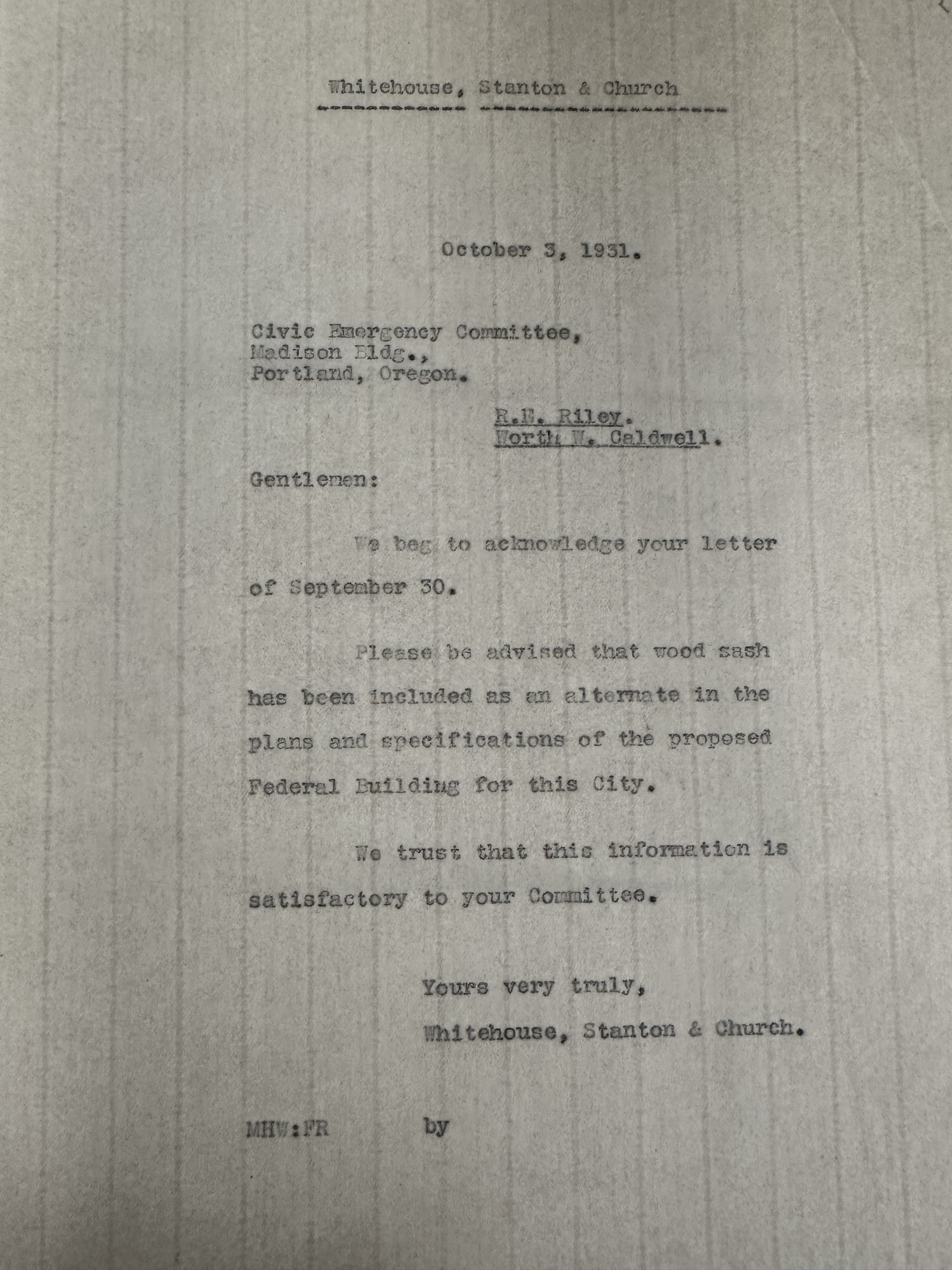 Whitehouse, Stanton & Church reply confirming wood sash alternate, Oct 3 1931