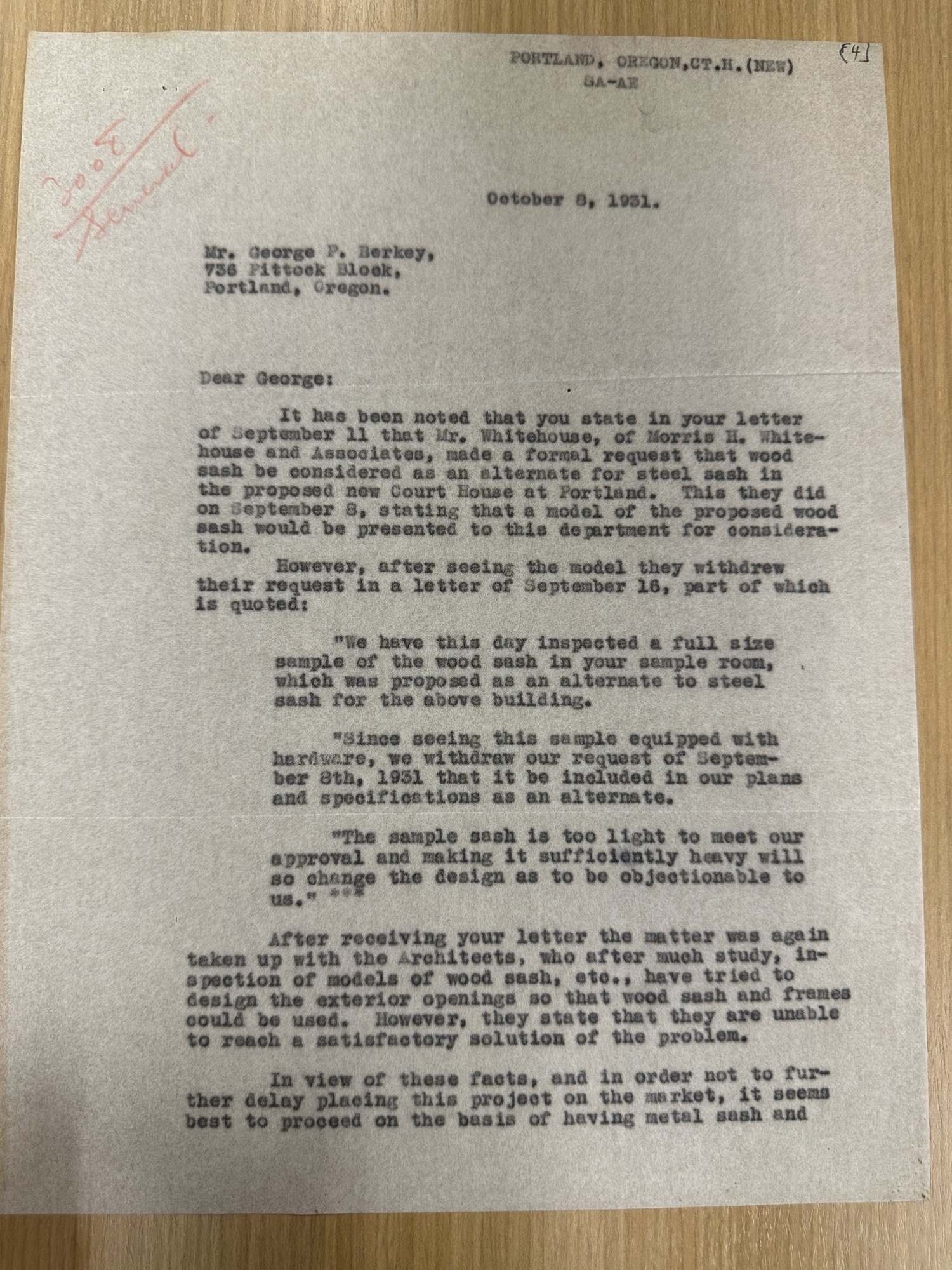 Treasury decision letter on courthouse sash to George P. Berkey, Oct 8 1931 (p.1)