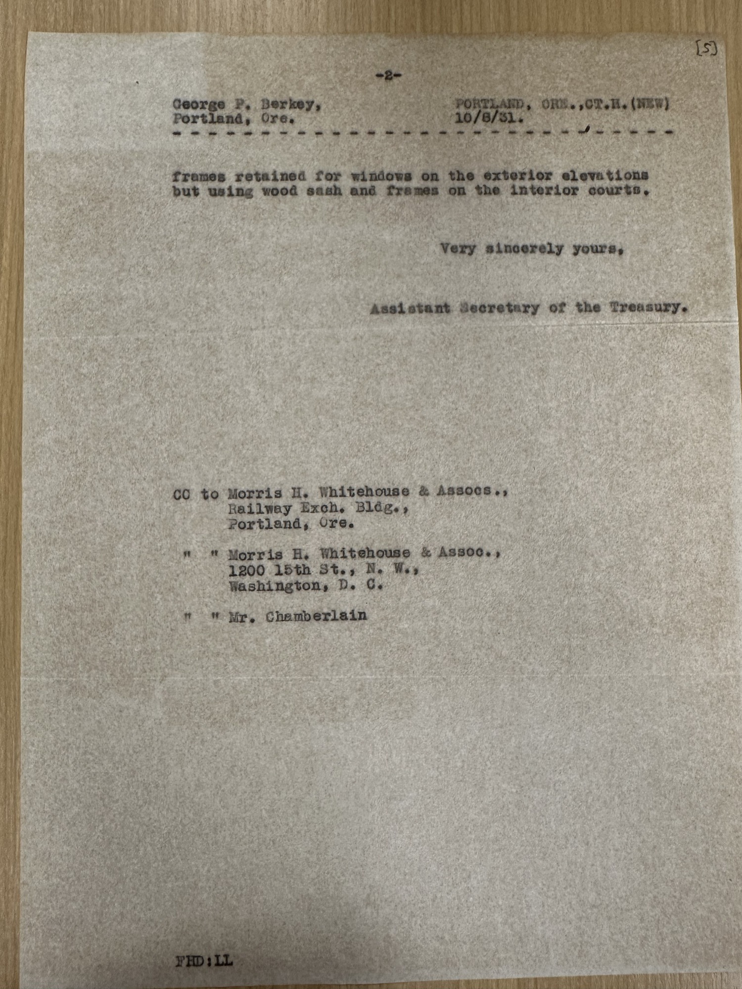 Treasury sash decision letter, Oct 8 1931 (page 2) - metal outside, wood inside