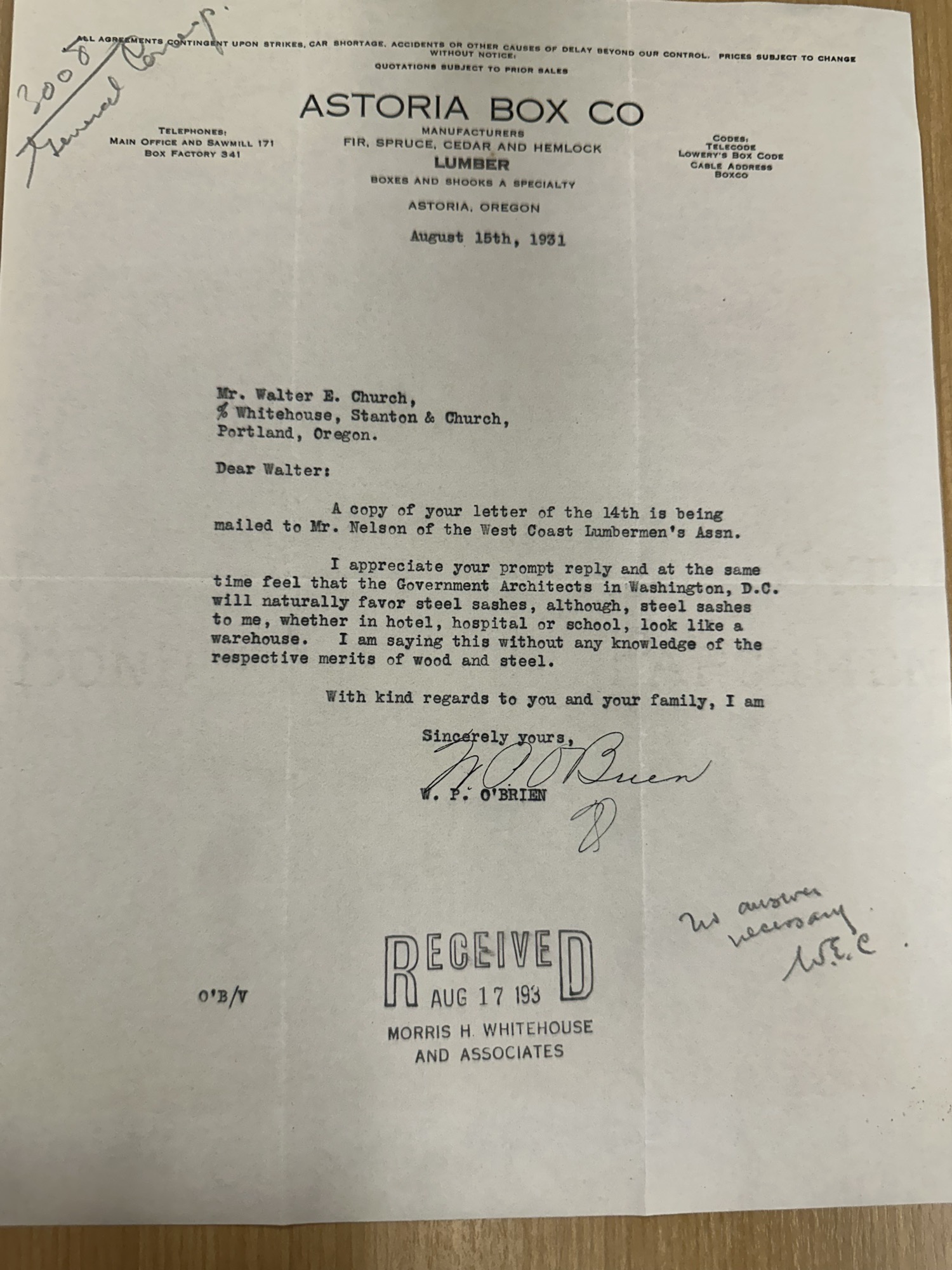 Astoria Box Co. letter (W.P. O'Brien) to Walter Church, Aug 15 1931