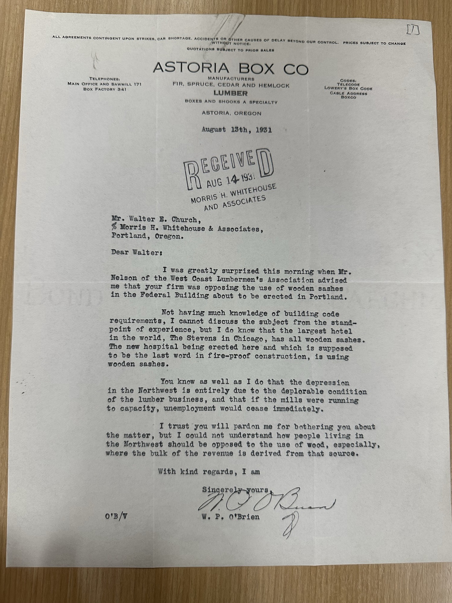 Astoria Box Co. letter protesting steel sash choice, Aug 13 1931