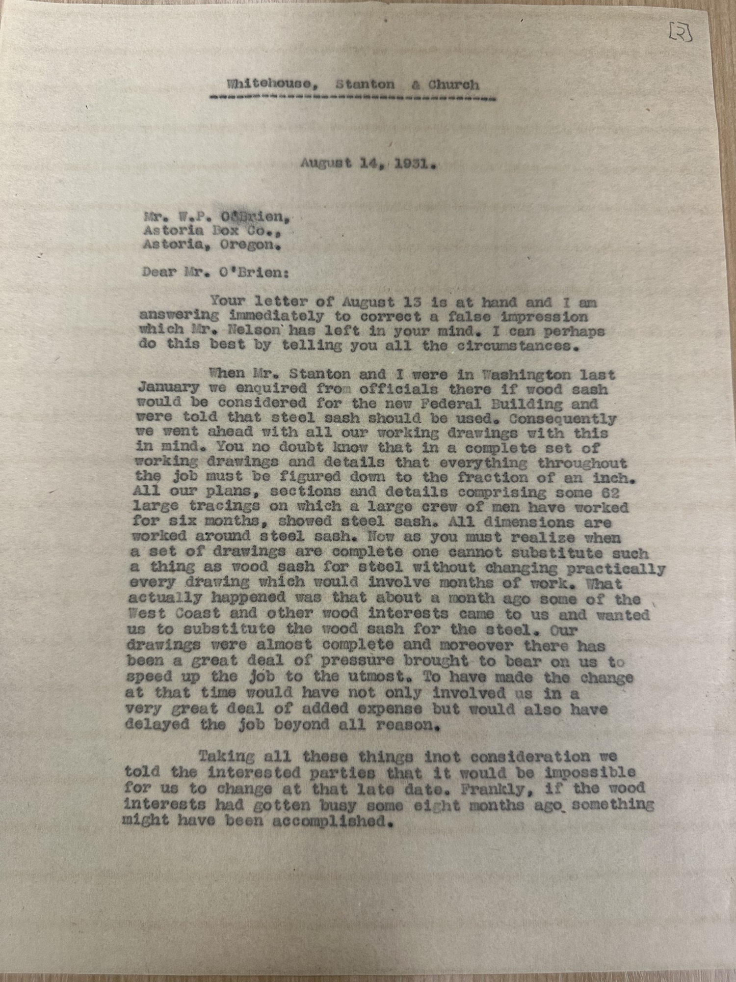 Architects explain steel-sash choice to Astoria Box Co., Aug 14 1931 (p.1)