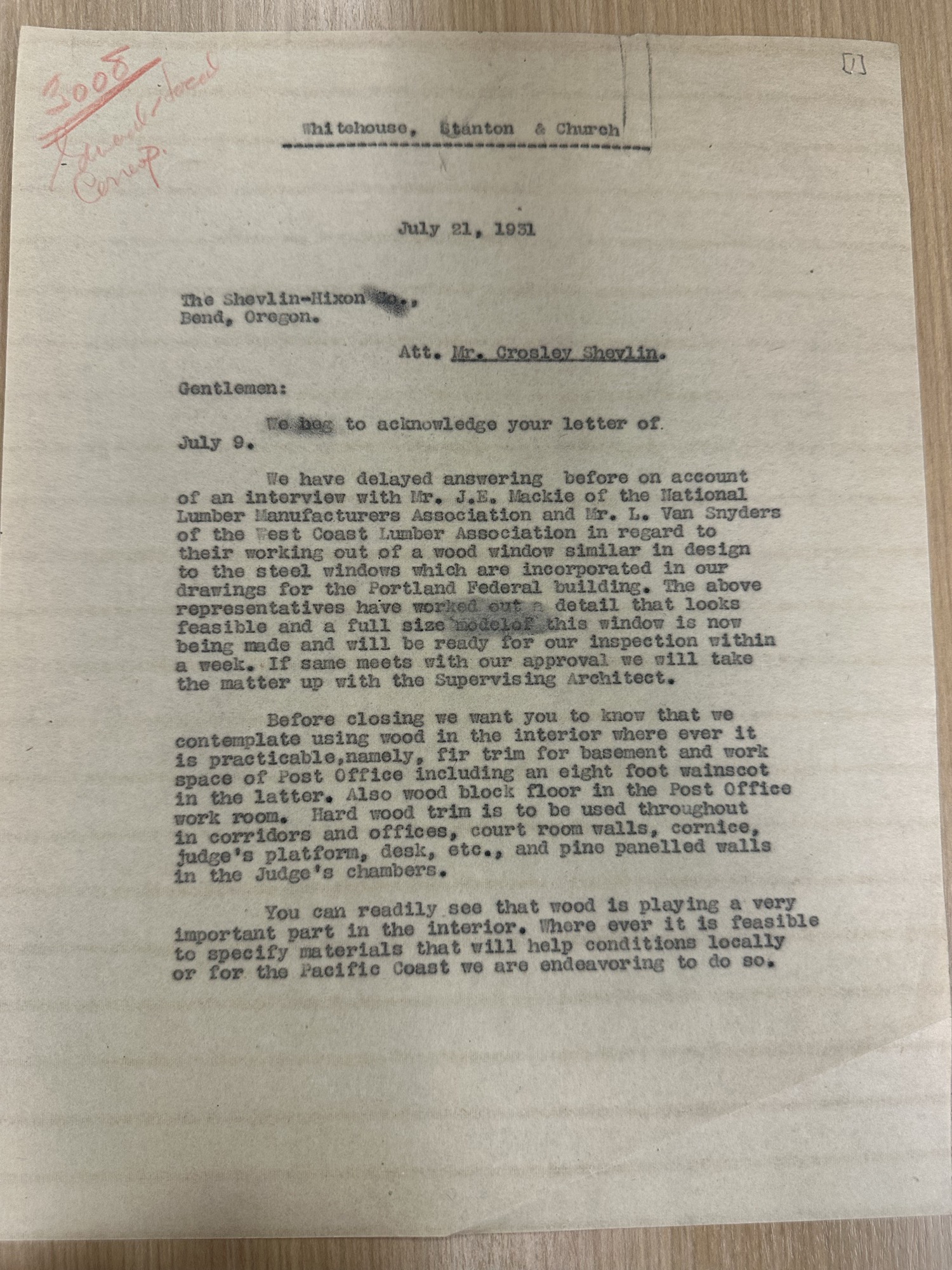 Architects to Shevlin-Hixon on wood in Federal Building interior, July 21 1931 (p.1)