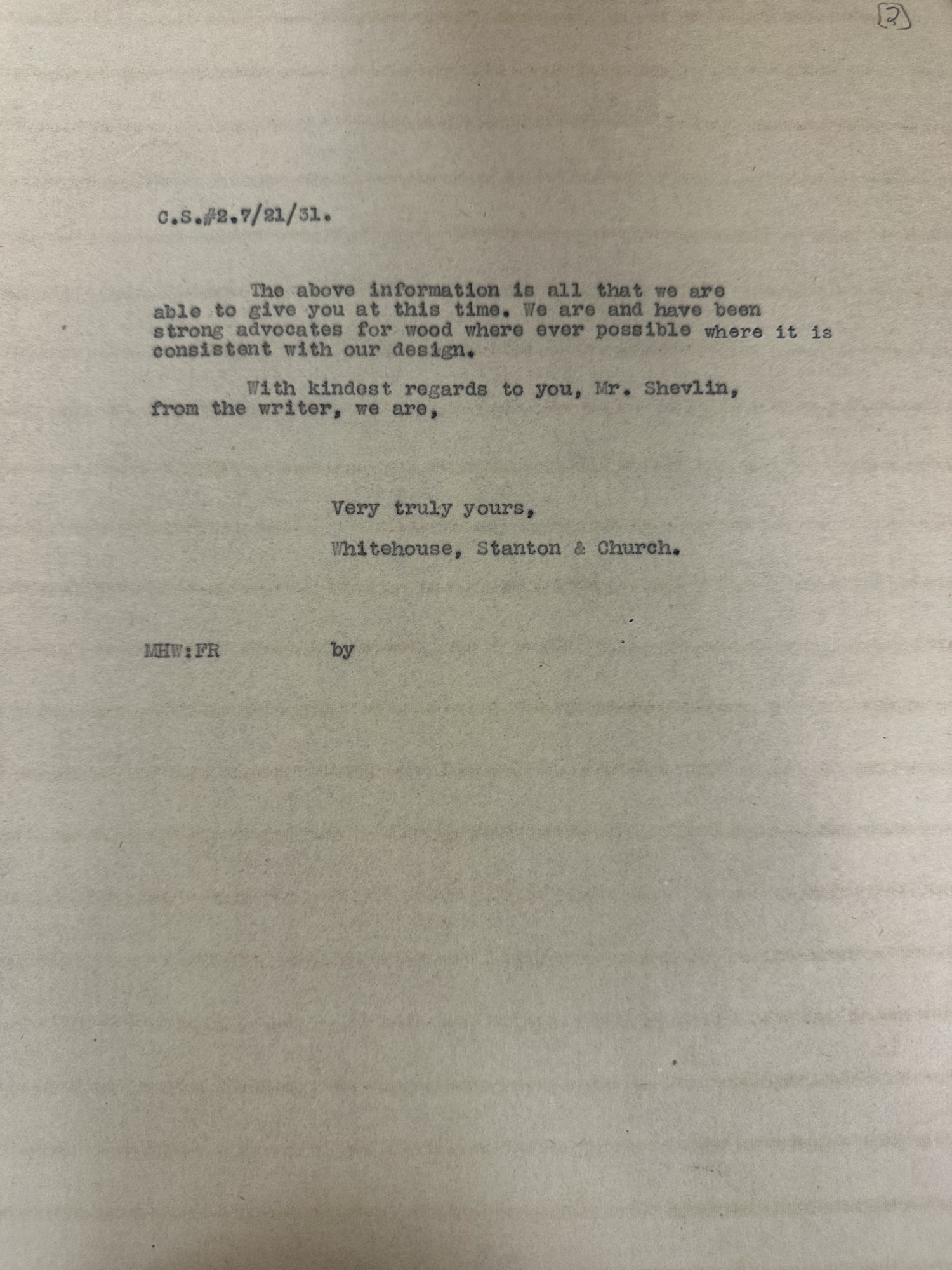 Architects' letter to Shevlin-Hixon, July 21 1931 (page 2)