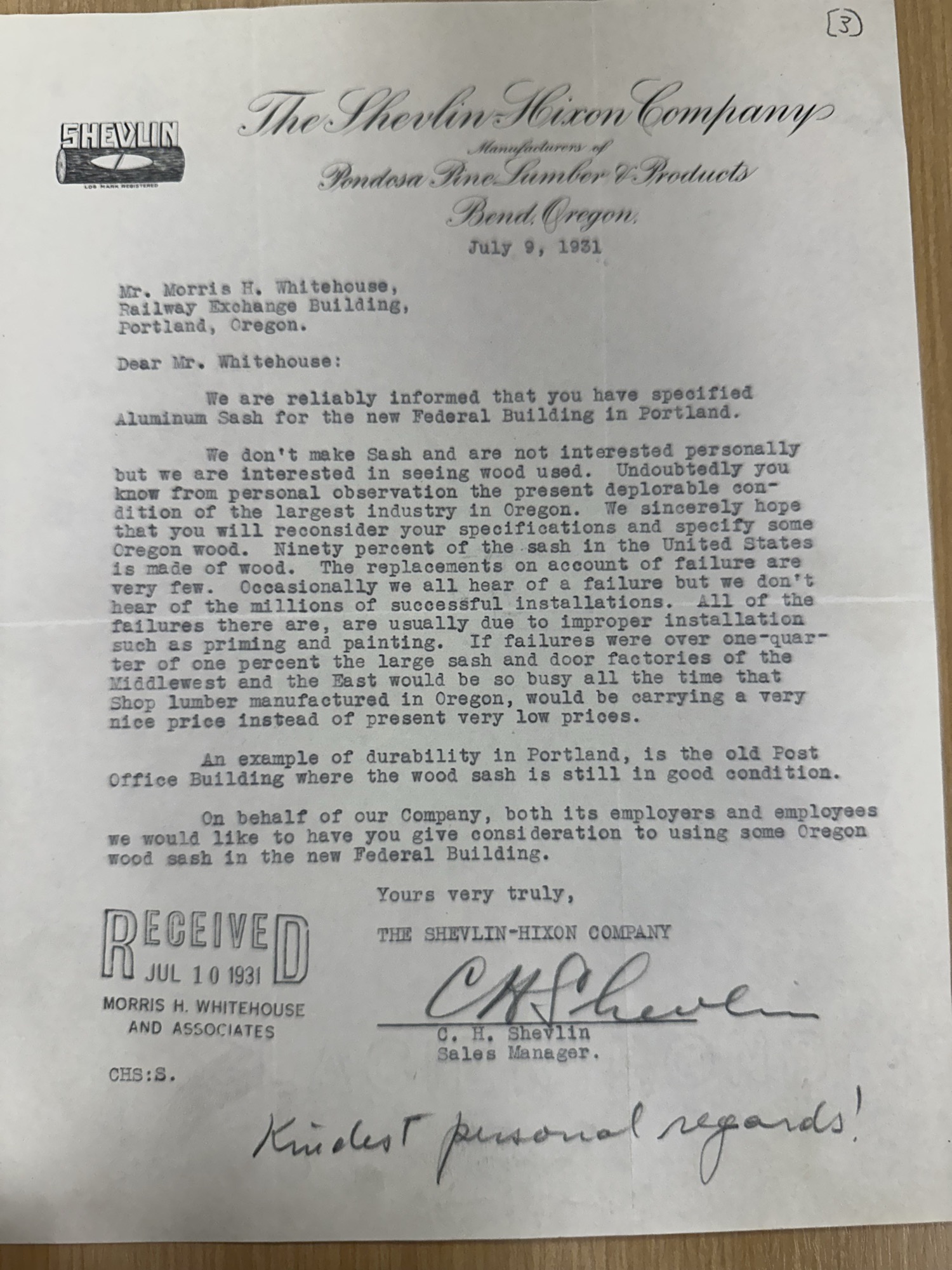 Shevlin-Hixon lobbies architect for Oregon wood sash, July 9 1931