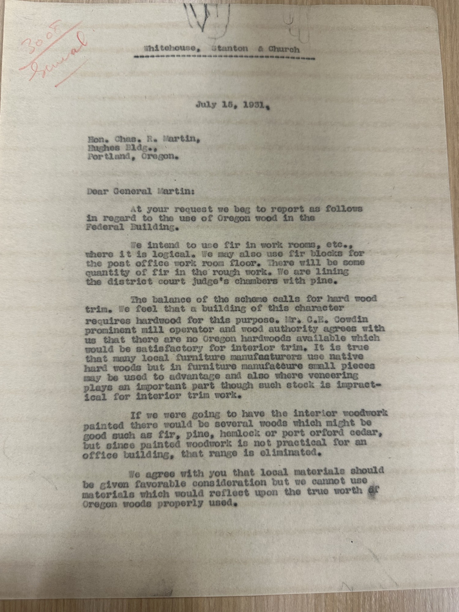 Architects report on Oregon wood use to Gen. Charles R. Martin, July 15 1931 (p.1)