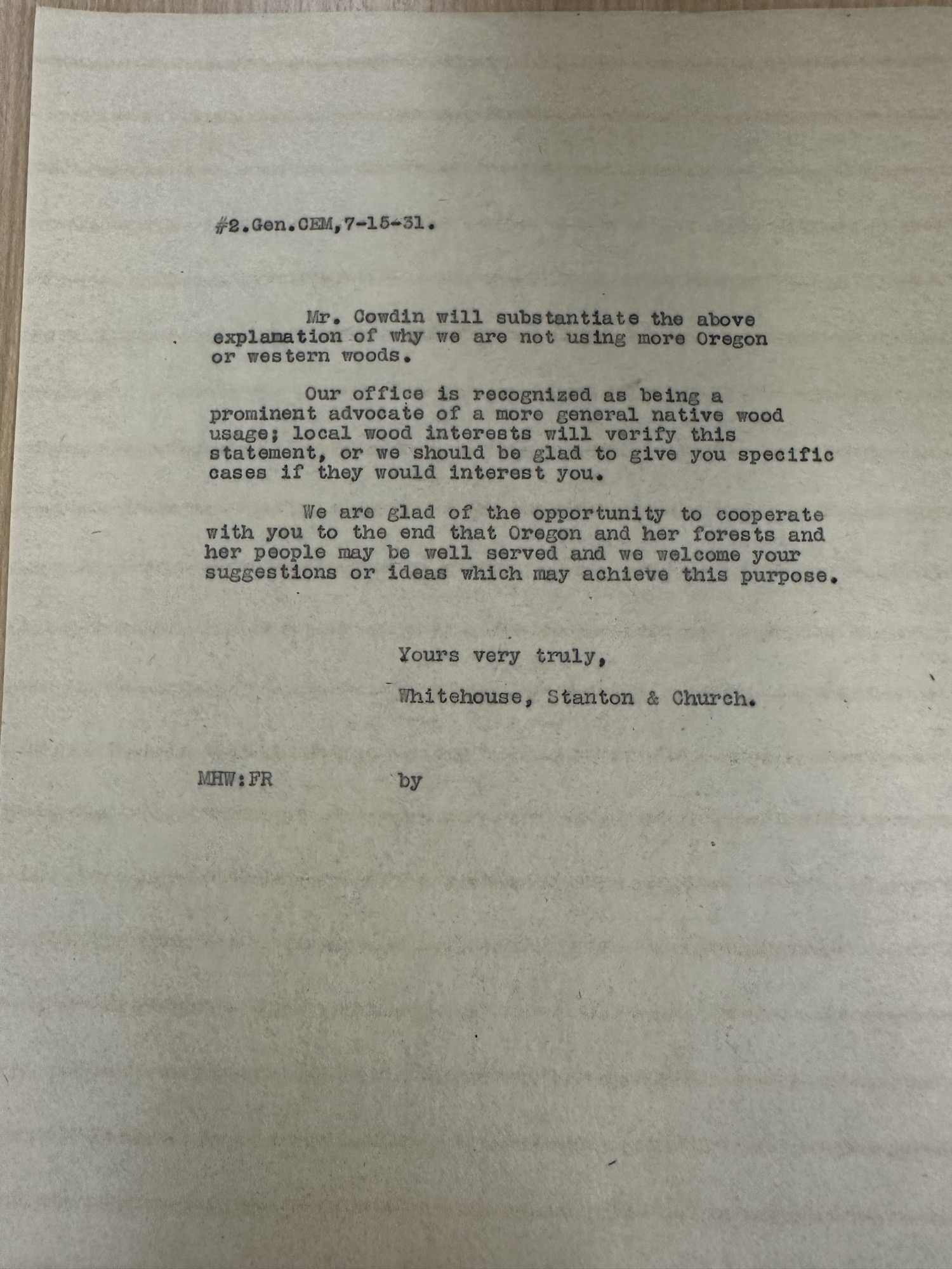 Architects' letter to Gen. Martin on Oregon wood, July 15 1931 (page 2)