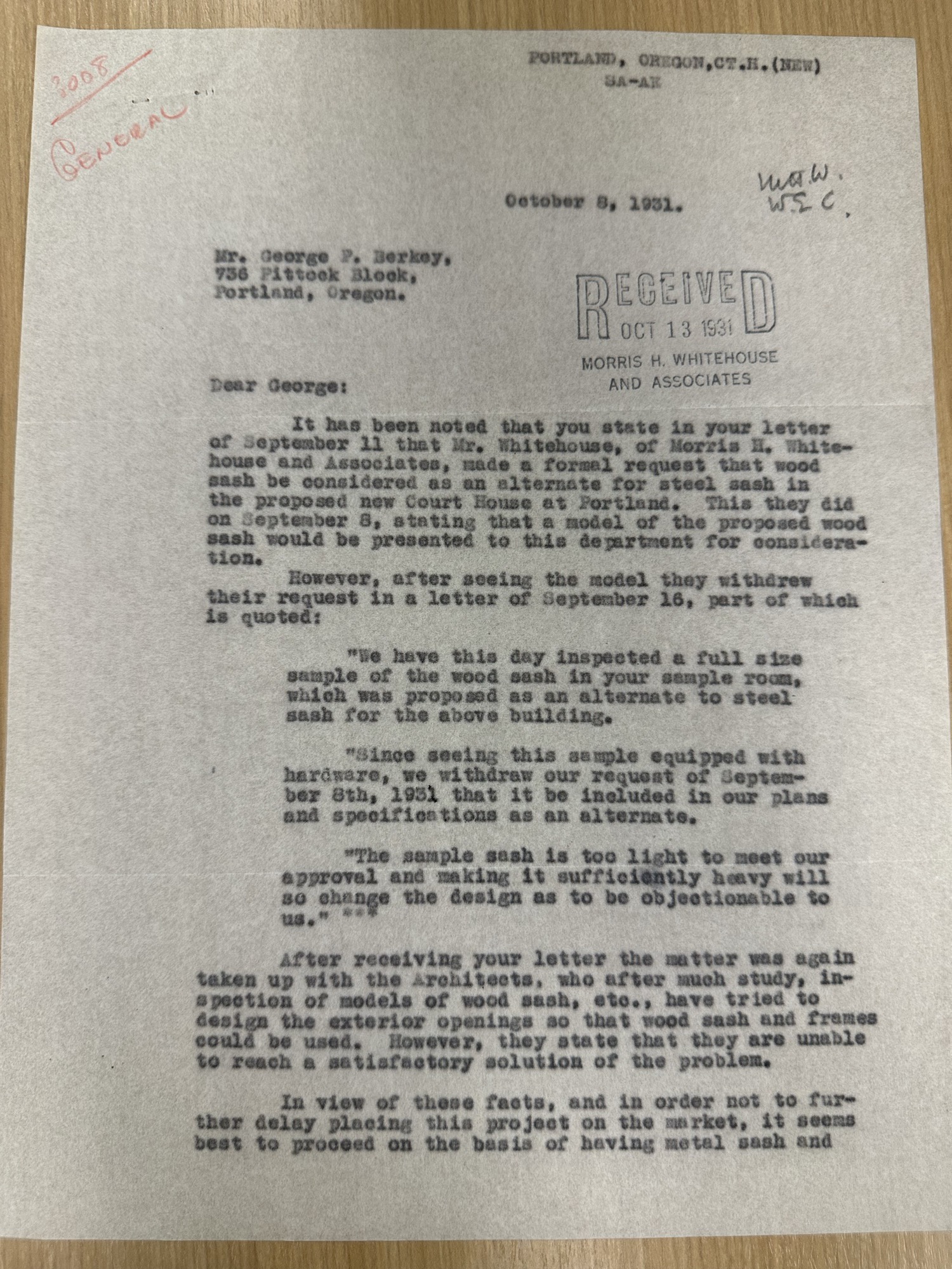 Treasury sash decision letter to George P. Berkey, Oct 8 1931 (received copy)