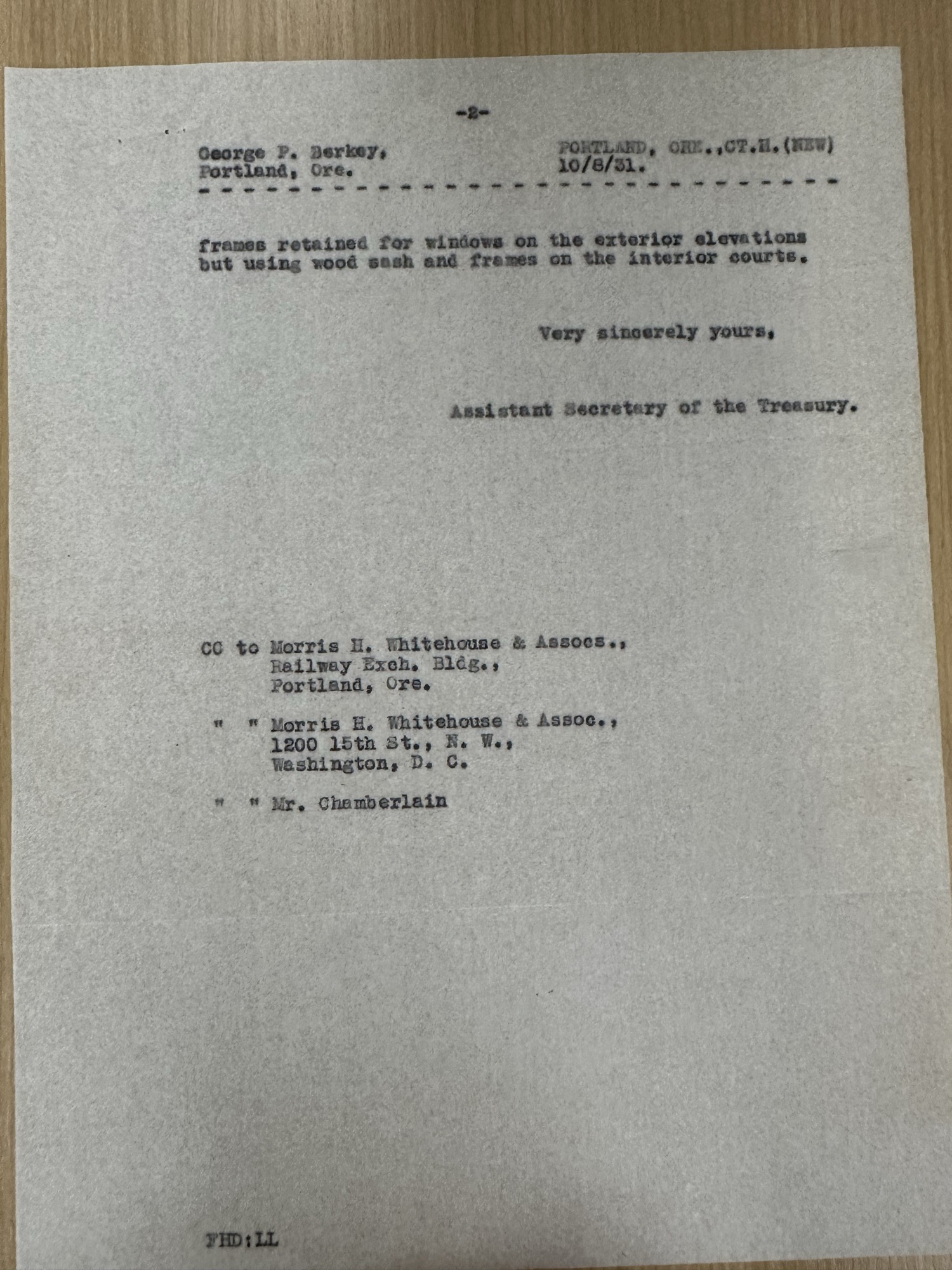 Treasury letter (p.2) on window frames for new Portland courthouse, Oct 1931