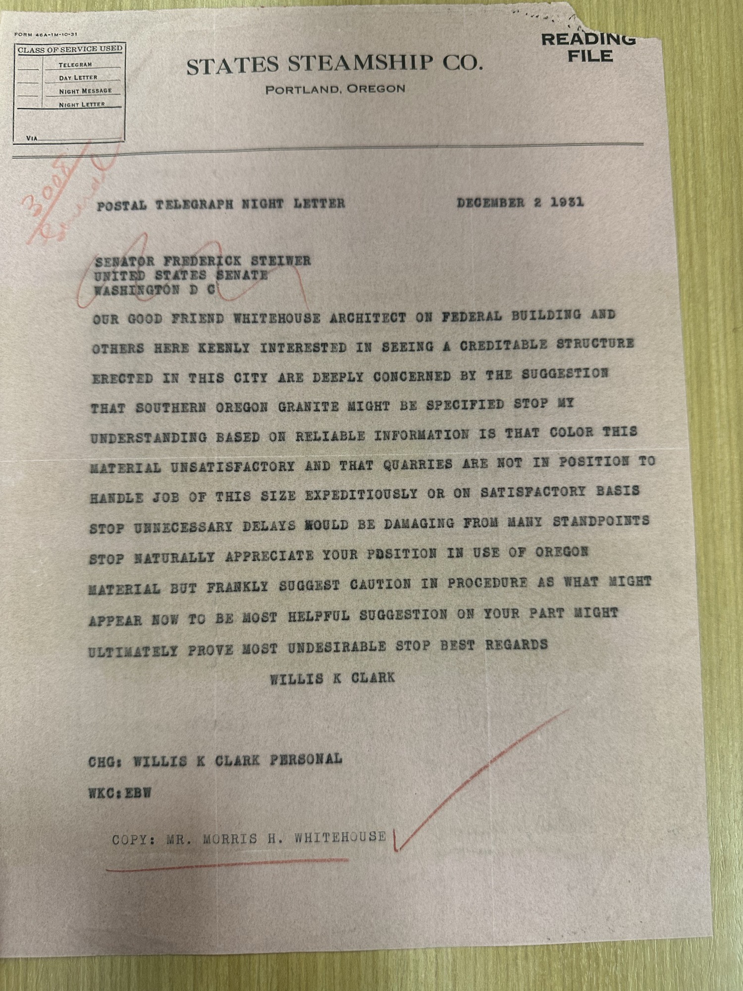 Telegram to Sen. Steiwer urging Oregon granite for the Federal Building, Dec 1931