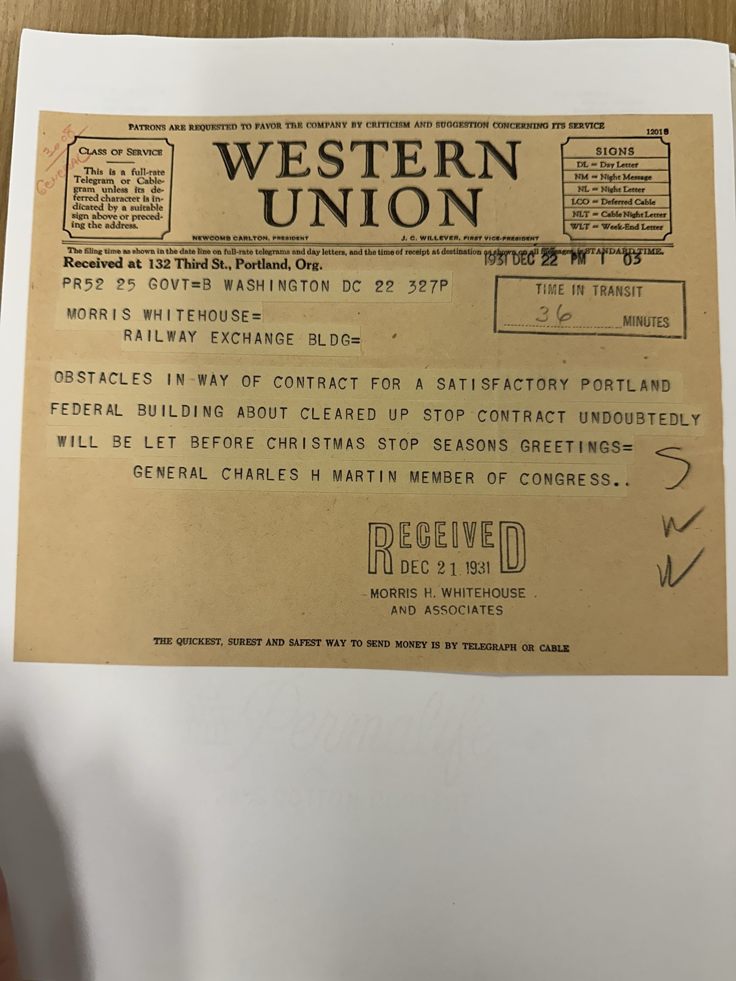 Telegram: Rep. Martin says Portland Federal Building contract to be let by Christmas