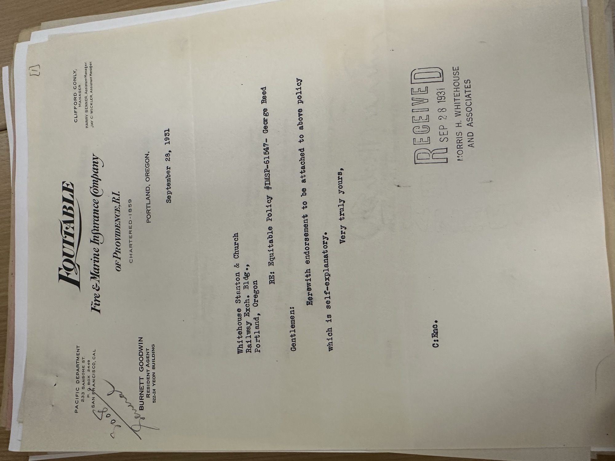 Equitable Insurance letter to Whitehouse Stanton & Church, Sept 1931