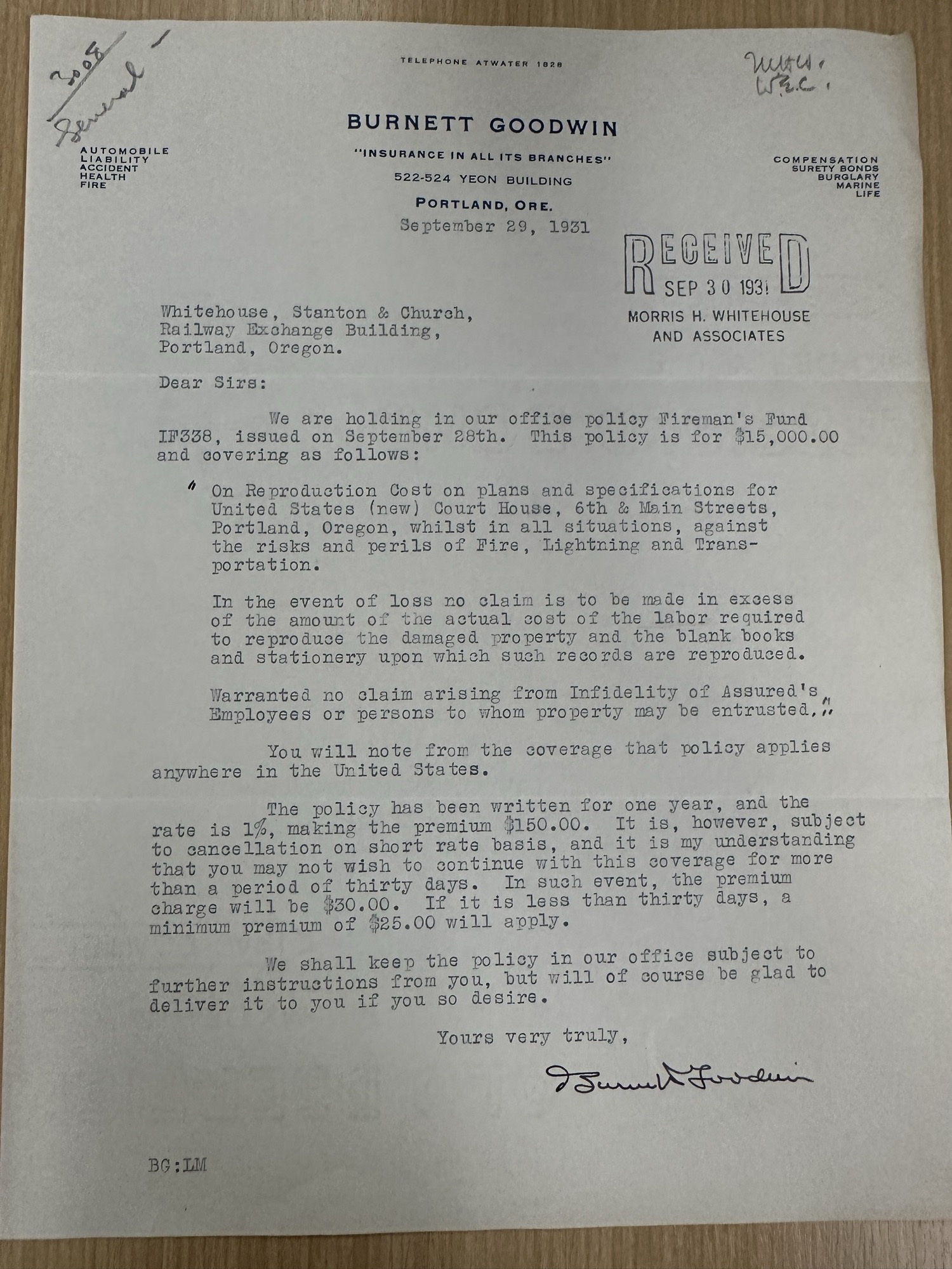 Insurance letter: $15,000 policy on the new U.S. Court House plans, Sept 1931