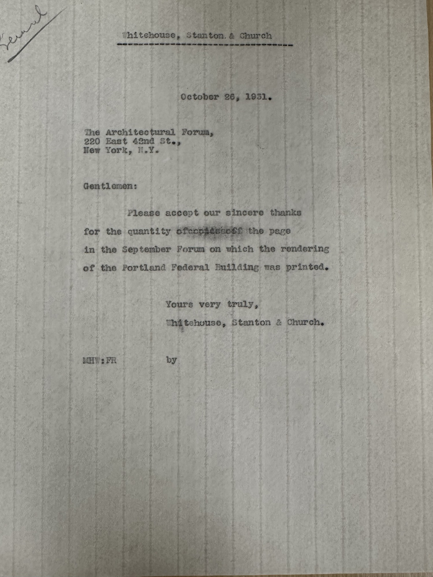 Whitehouse letter thanking Architectural Forum for courthouse rendering copies