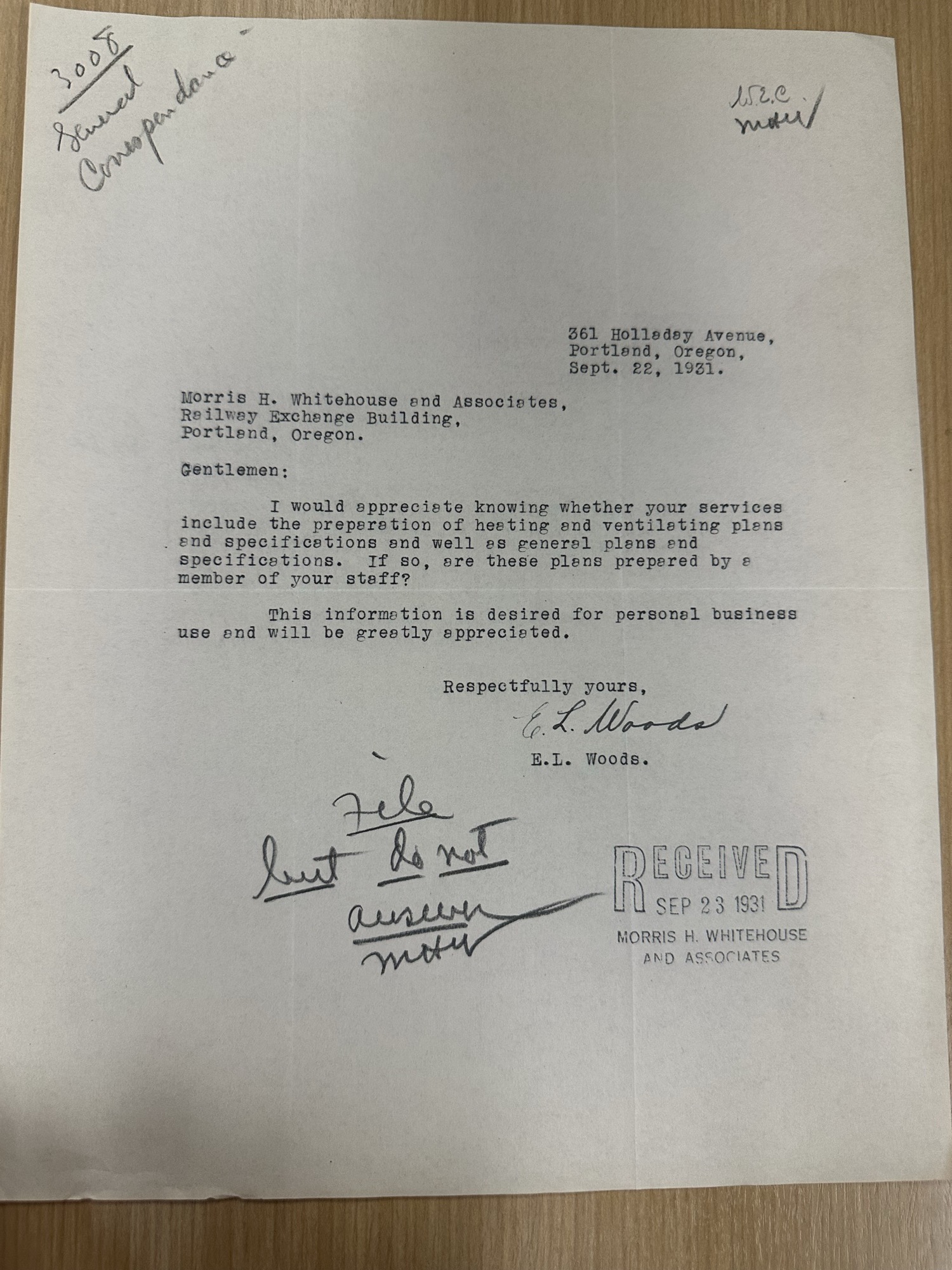 E.L. Woods inquiry to Whitehouse about heating/ventilating plan services
