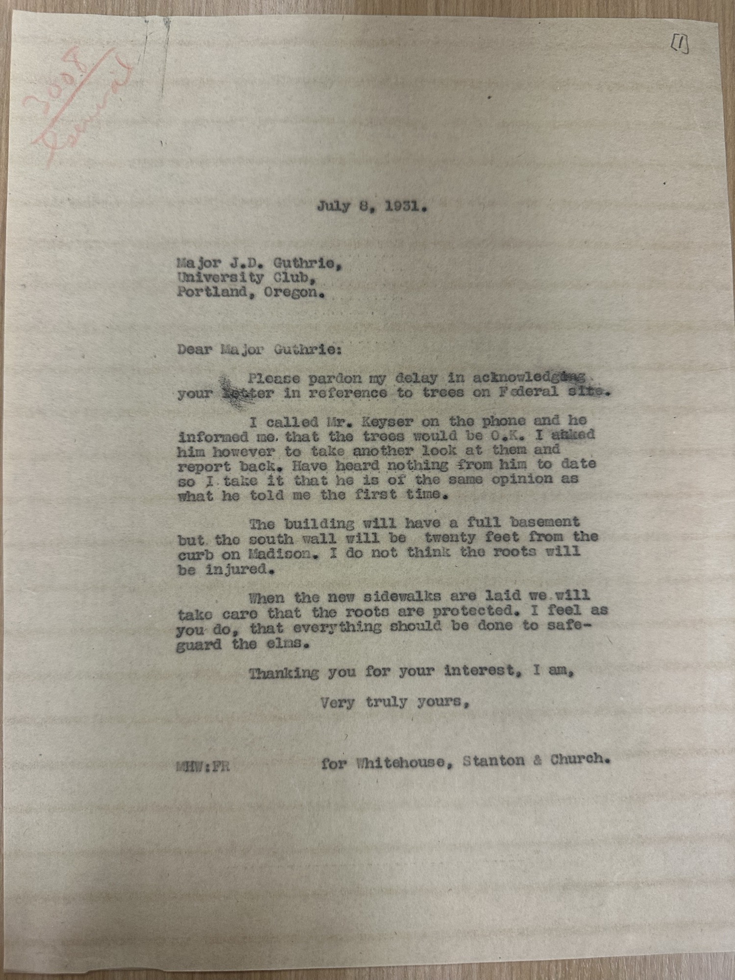 Whitehouse letter to Maj. Guthrie on protecting elms at the federal site