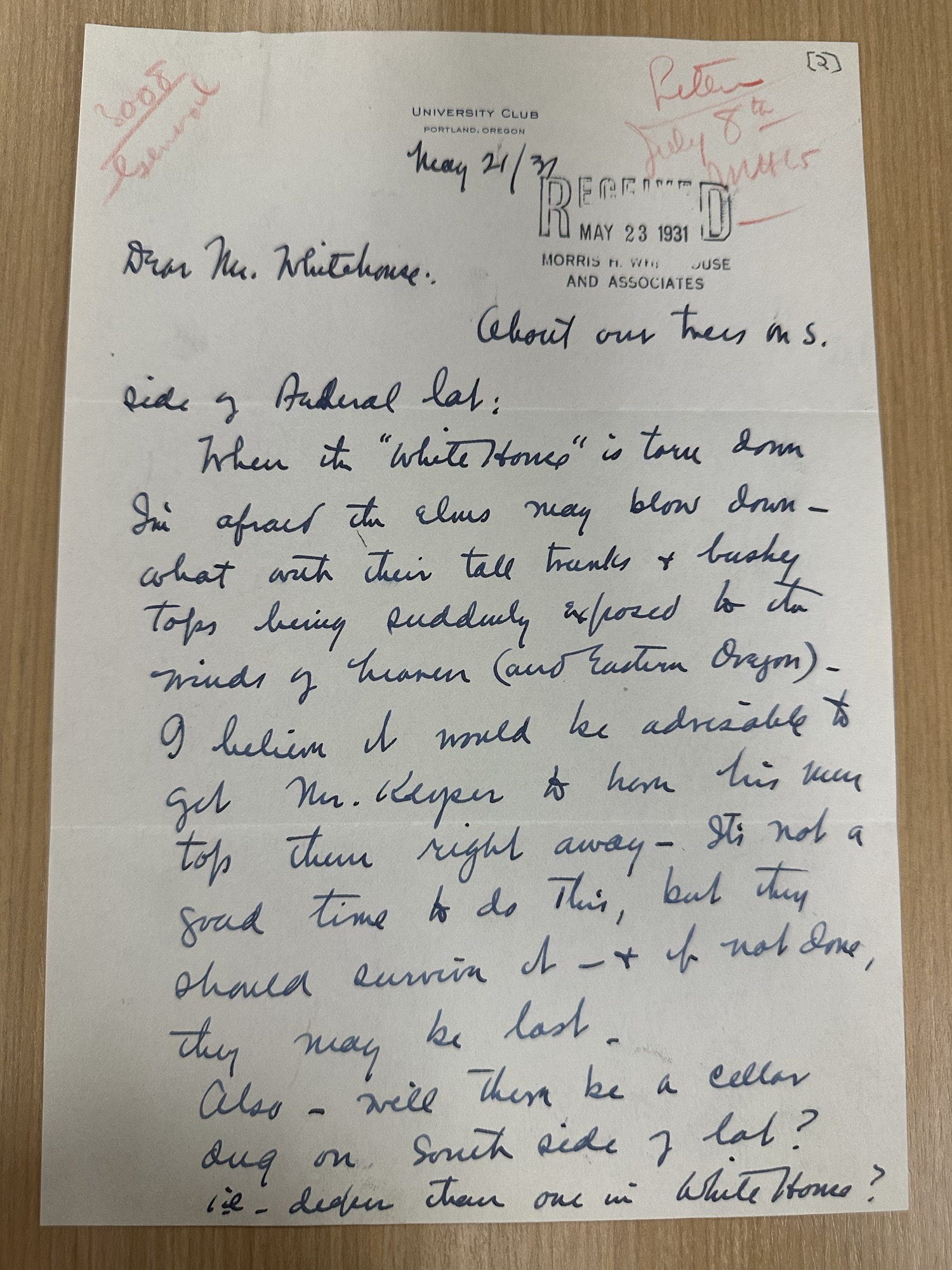 Handwritten letter from Maj. Guthrie urging preservation of site elms (p.1)