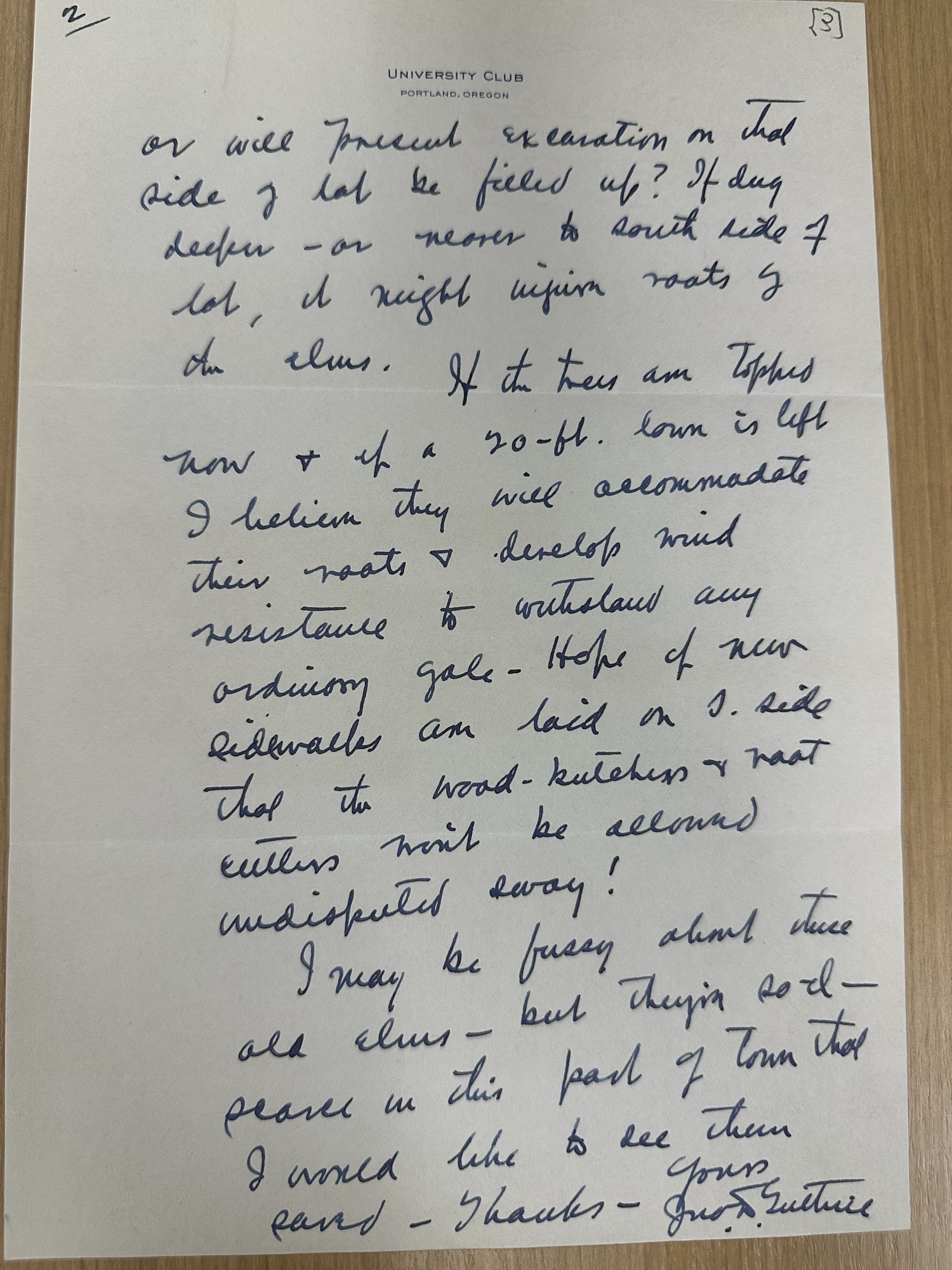 Handwritten letter from Maj. Guthrie on the elms (p.2), signed Gus Guthrie
