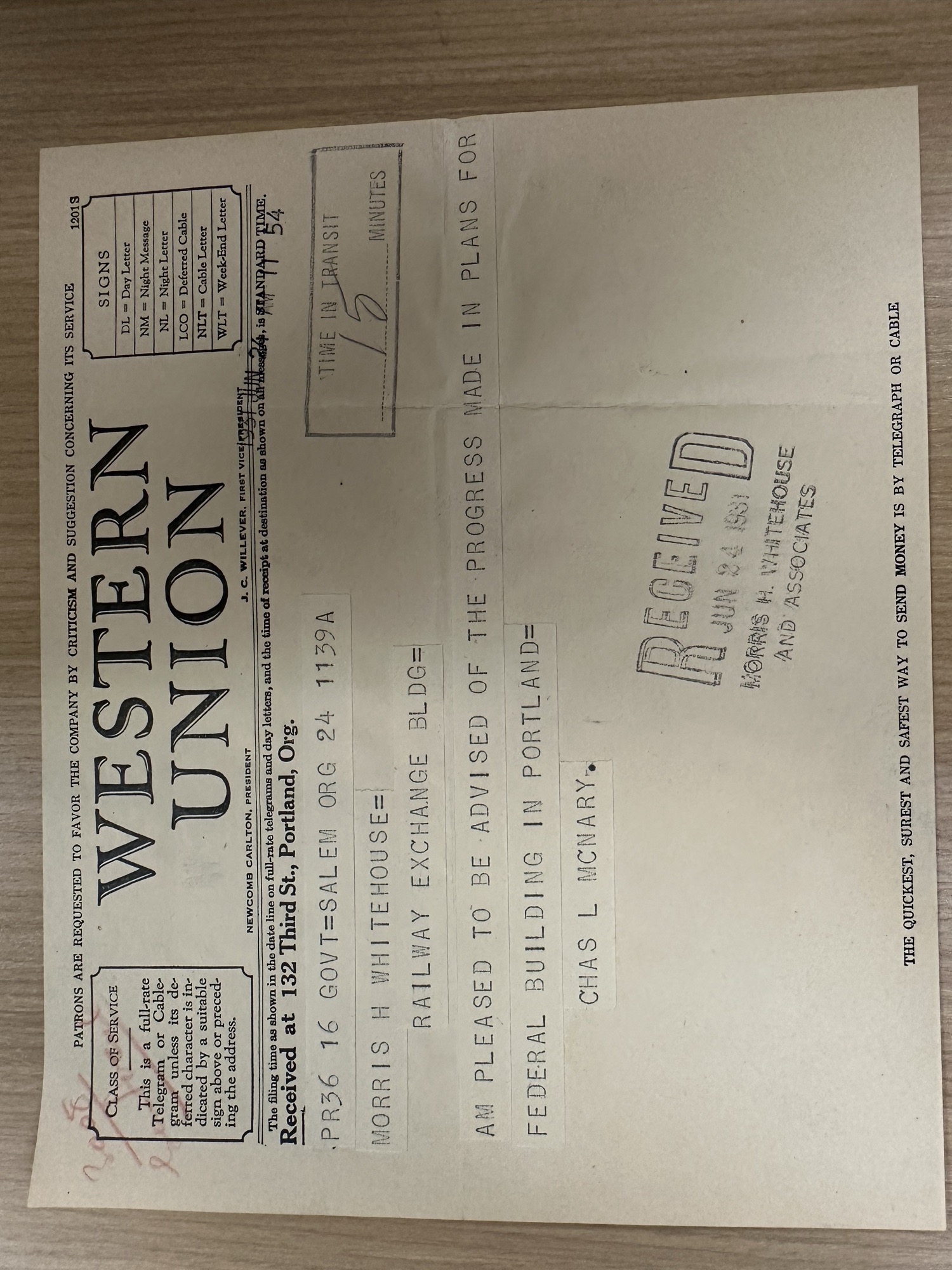 Telegram from Sen. McNary praising progress on Federal Building plans