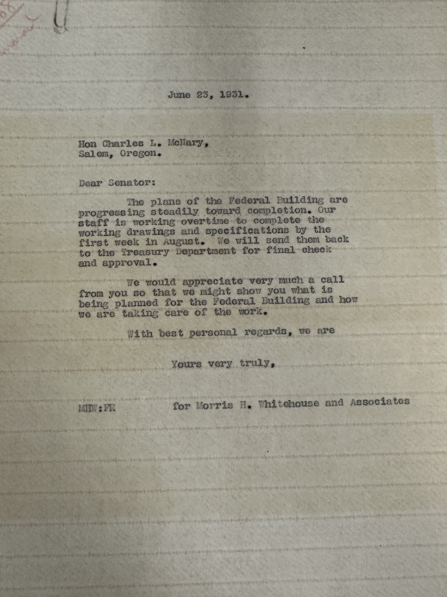 Whitehouse letter to Sen. McNary on courthouse plans nearing completion