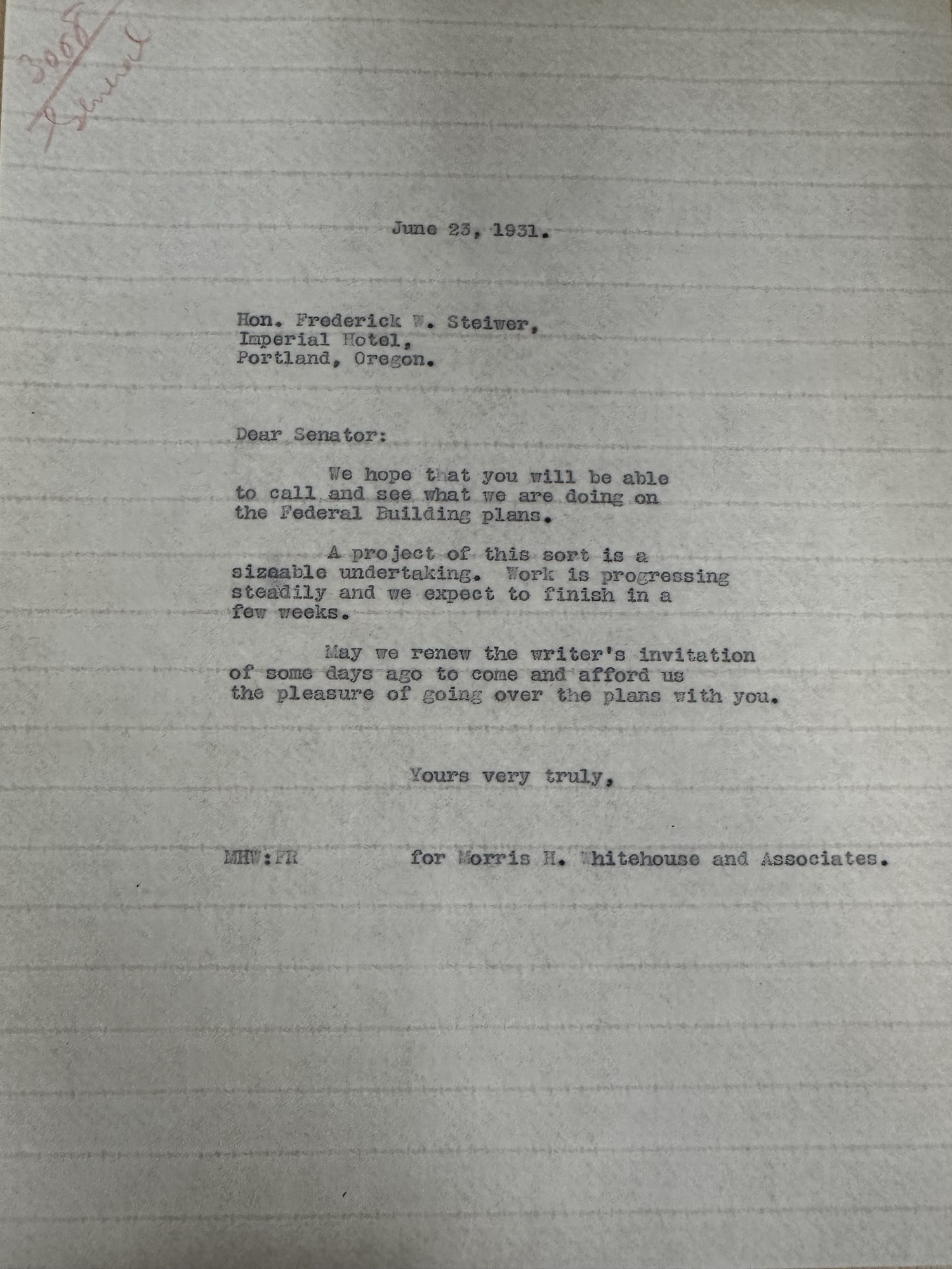 Whitehouse letter inviting Sen. Steiwer to view Federal Building plans