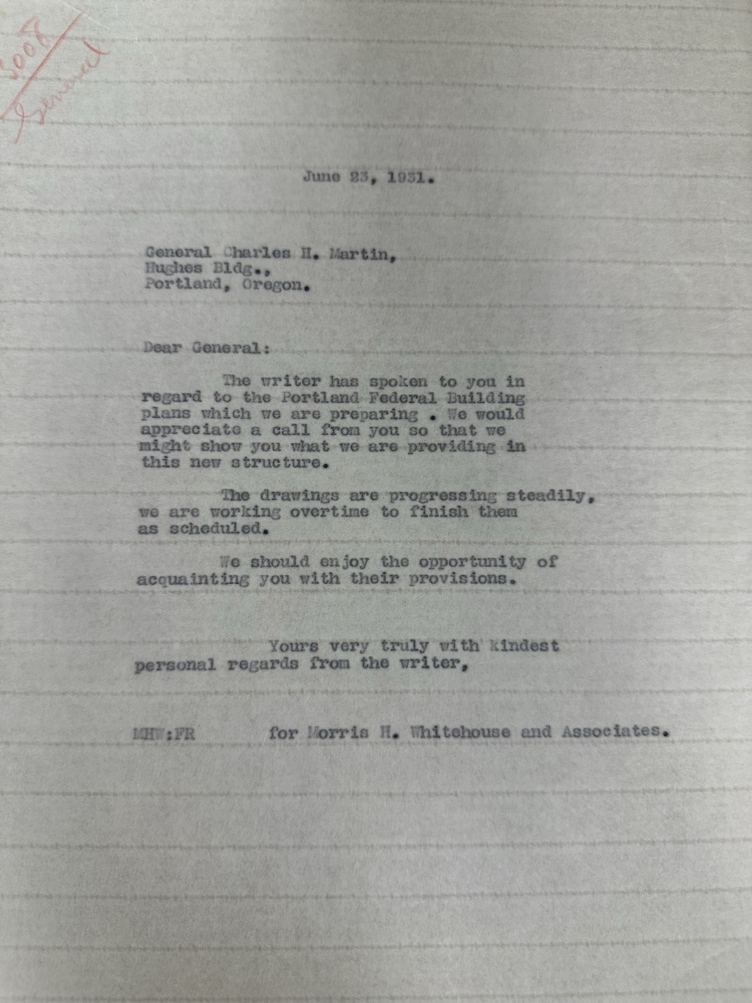 Whitehouse letter inviting Gen. Charles H. Martin to view courthouse plans