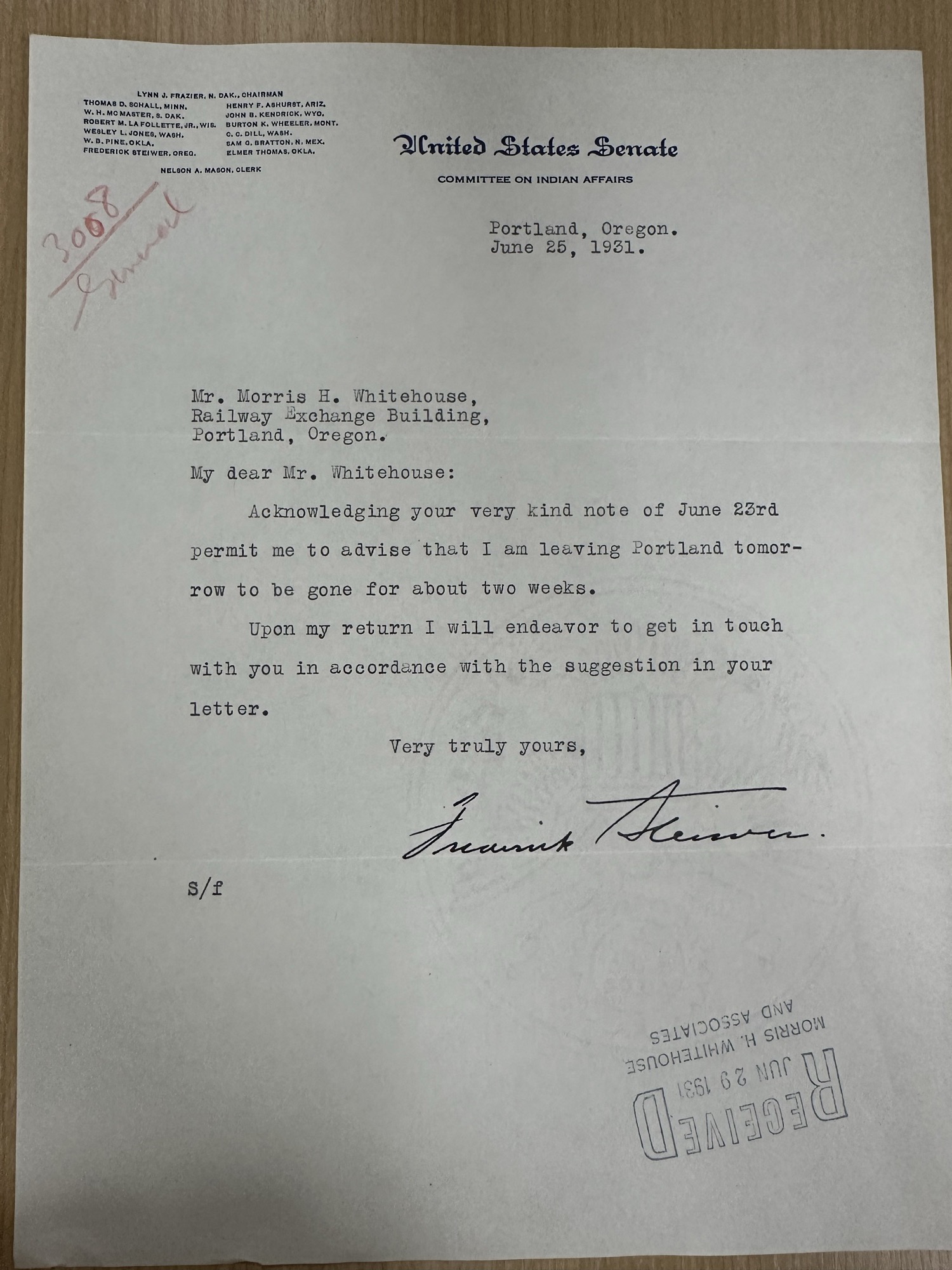 Sen. Steiwer reply to Whitehouse, June 1931 (U.S. Senate letterhead)