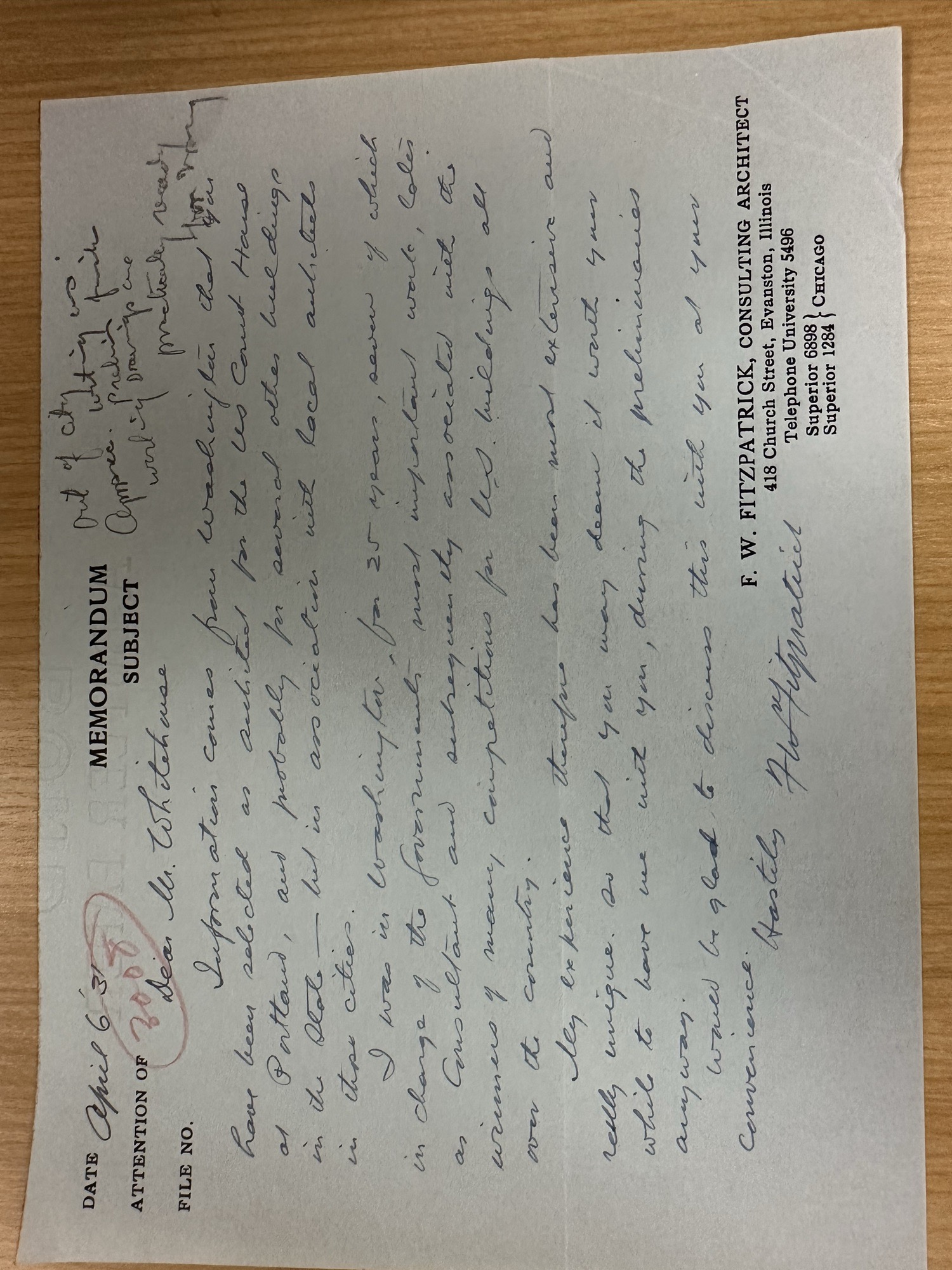 F.W. Fitzpatrick memo noting Whitehouse selected as courthouse architect, Apr 1931