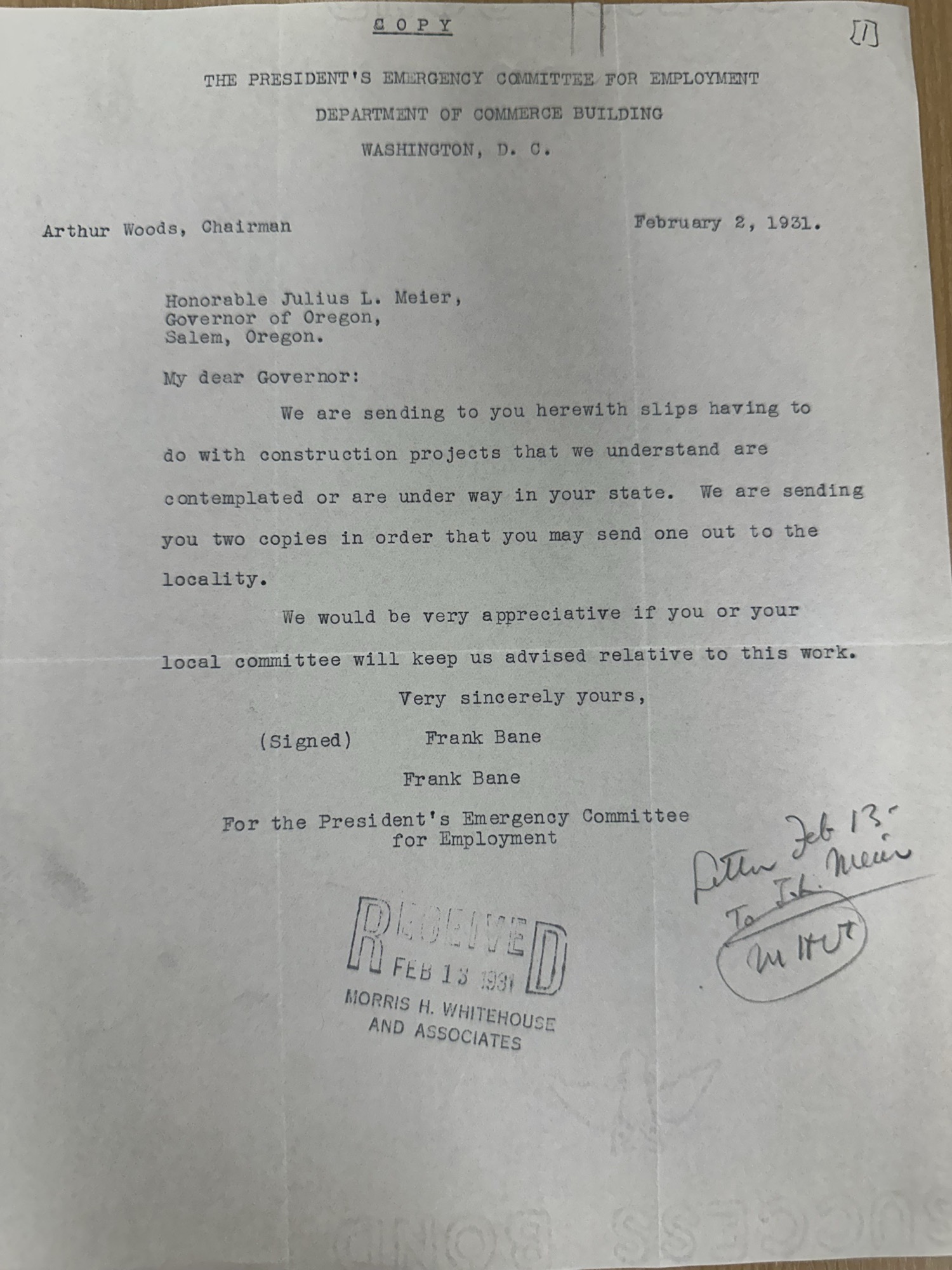 Federal emergency-employment committee writes Oregon Governor Meier, 1931
