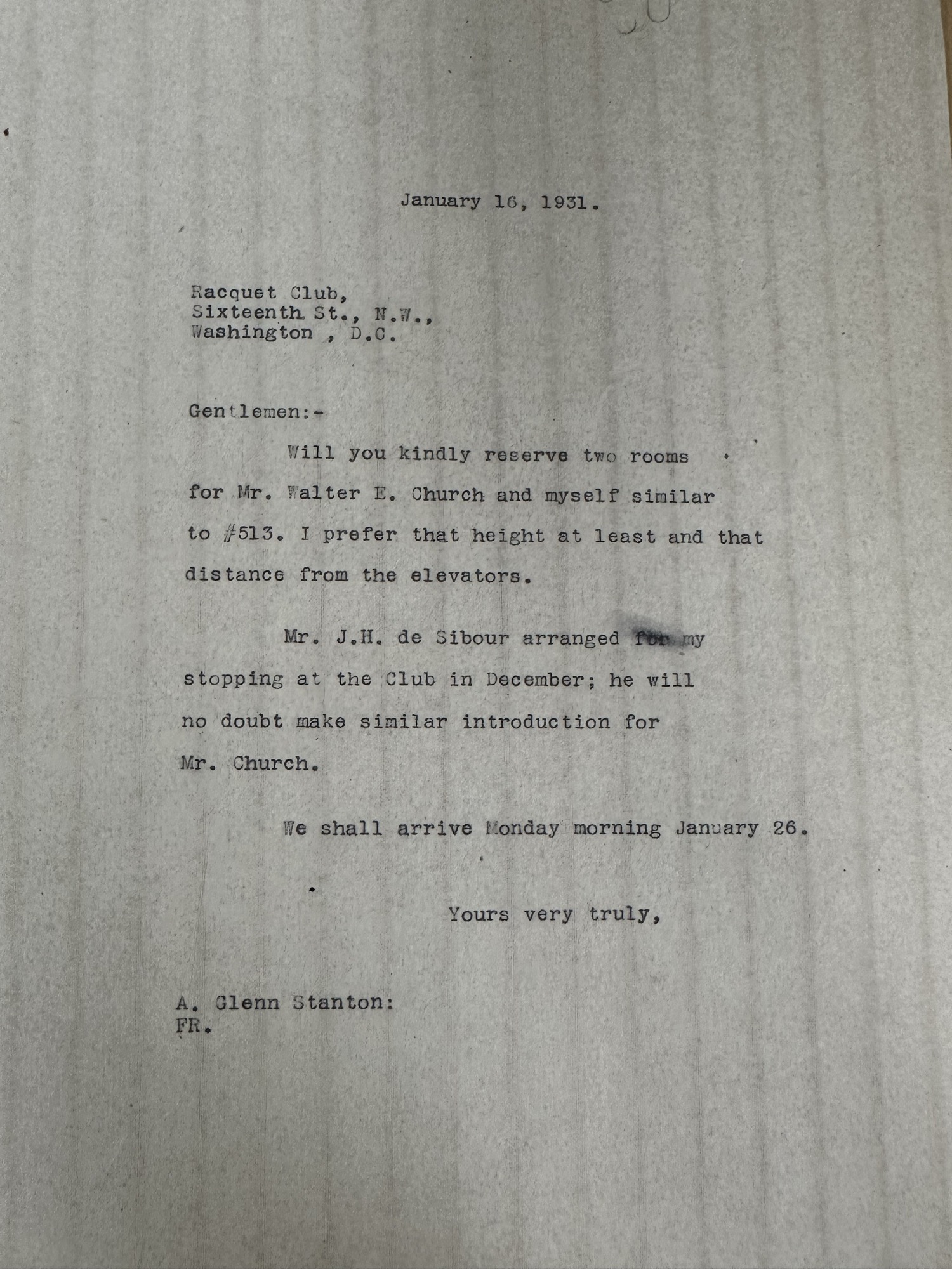 Room-reservation letter to Racquet Club, Washington D.C., Jan 1931