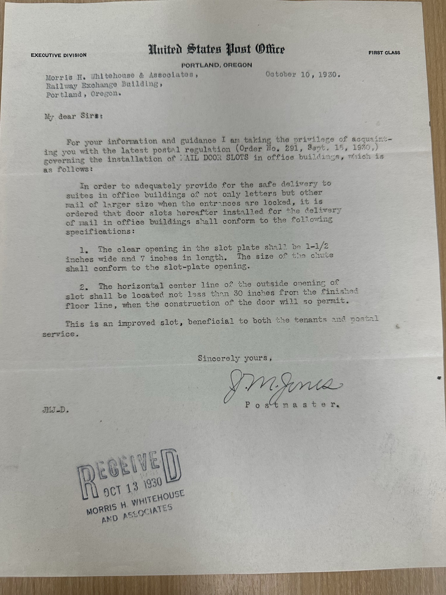 Portland Postmaster sends mail-door-slot specifications to architects, 1930