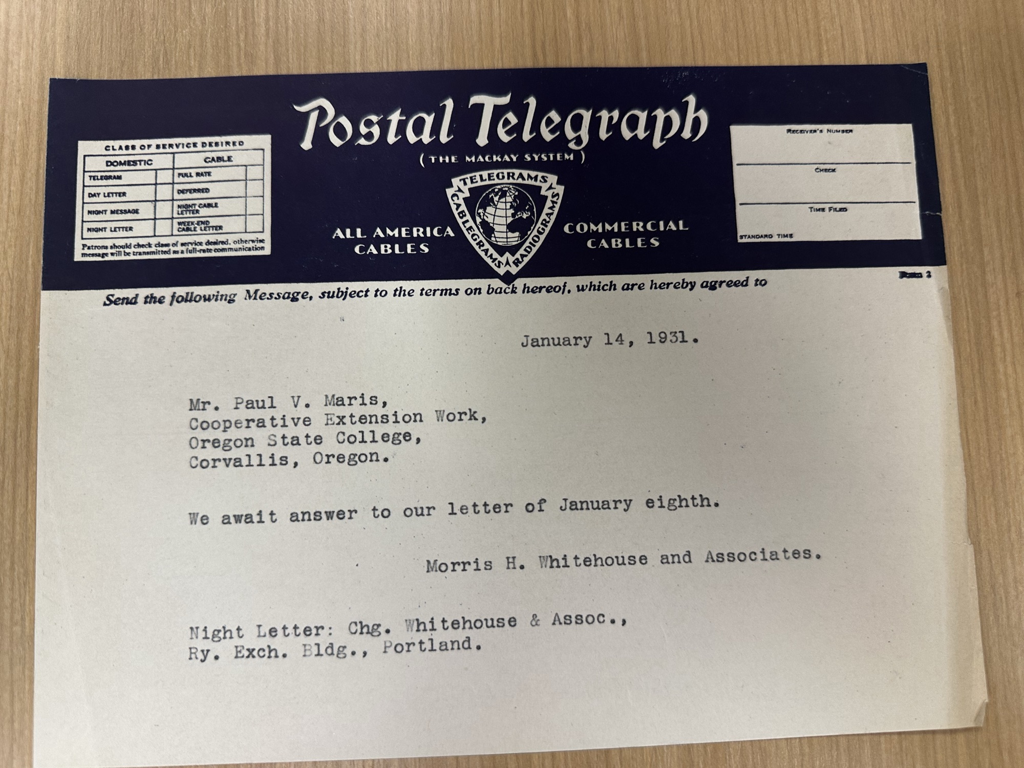 Postal Telegraph night-letter chasing Cooperative Extension reply, 1931