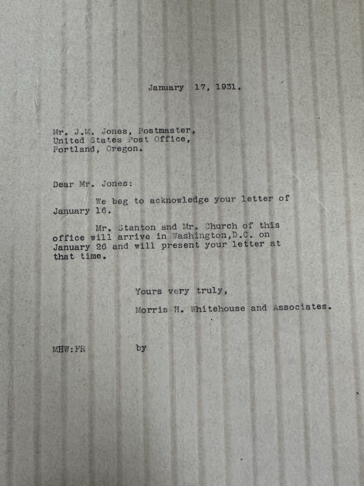 Architects acknowledge Postmaster, plan Washington trip Jan 26, 1931