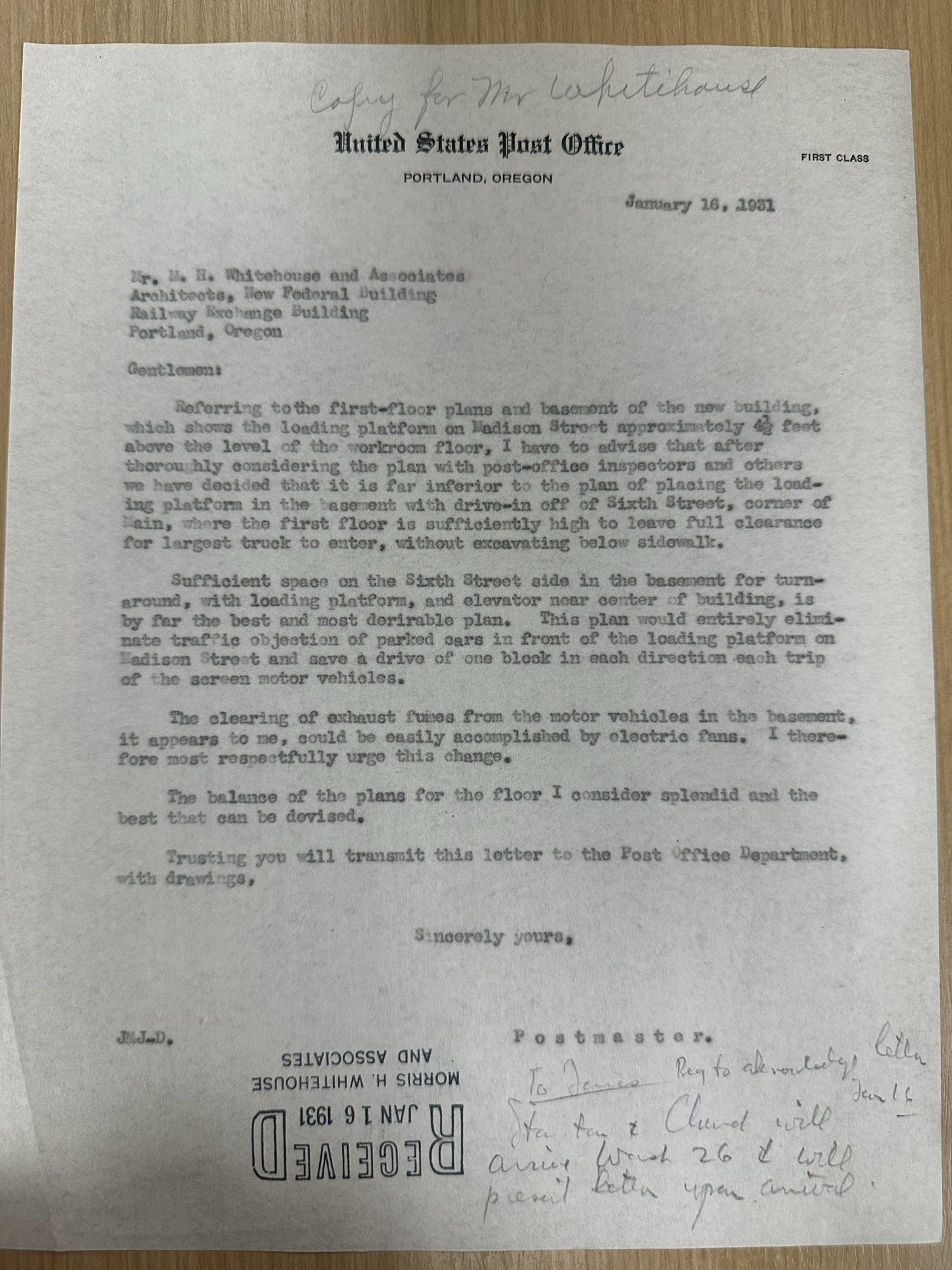 Portland Postmaster requests loading-platform design changes, Jan 1931