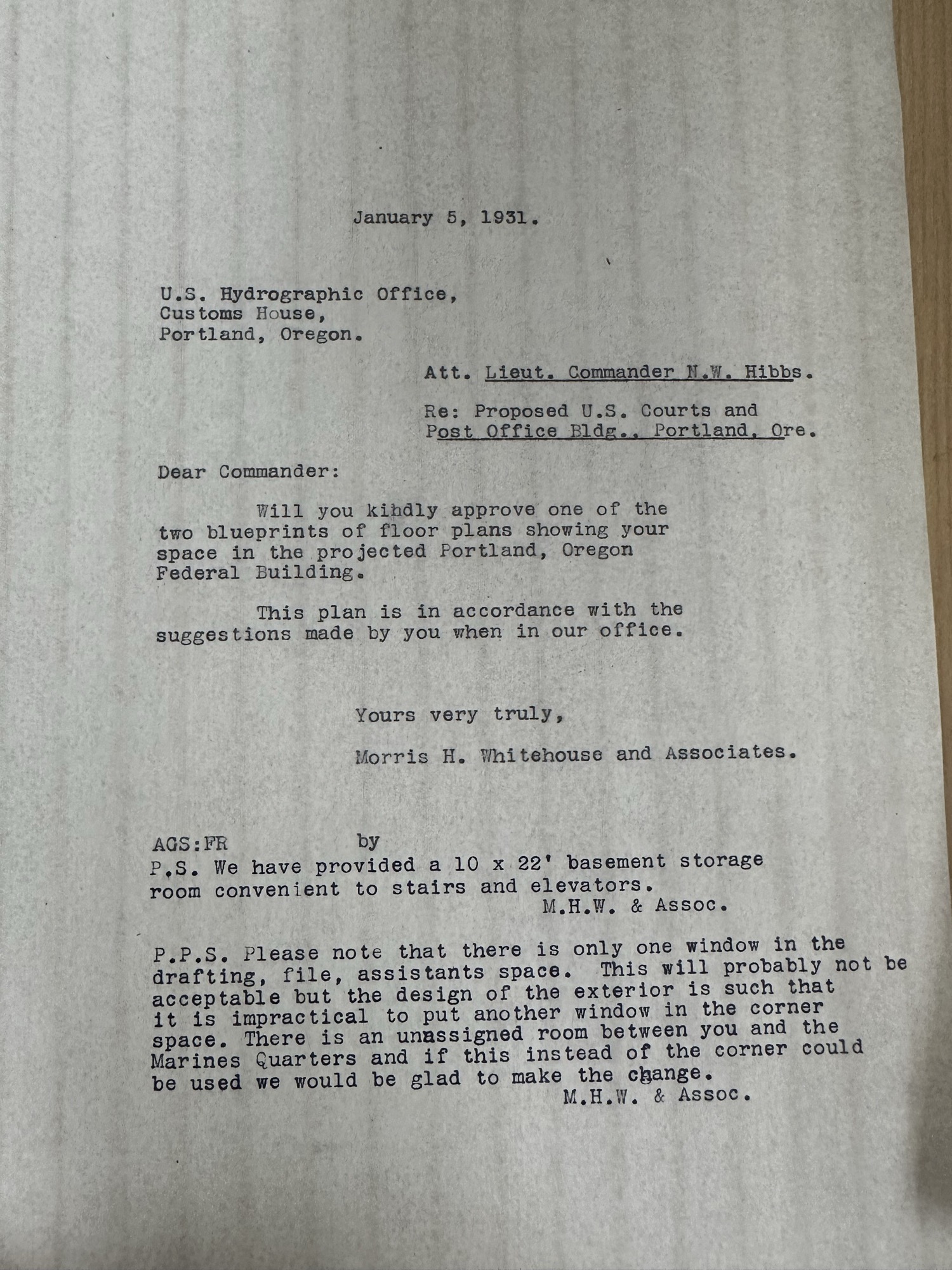 Architects ask Hydrographic Office to approve plans; window note, 1931