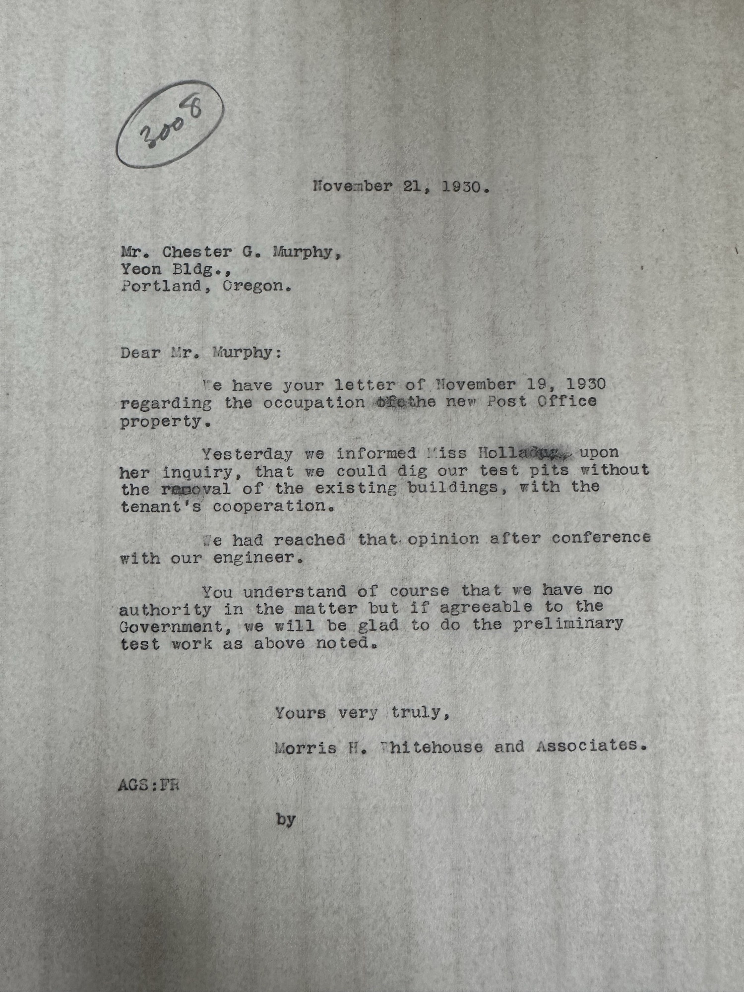 Architects plan soil test pits on new Post Office site, Nov 1930