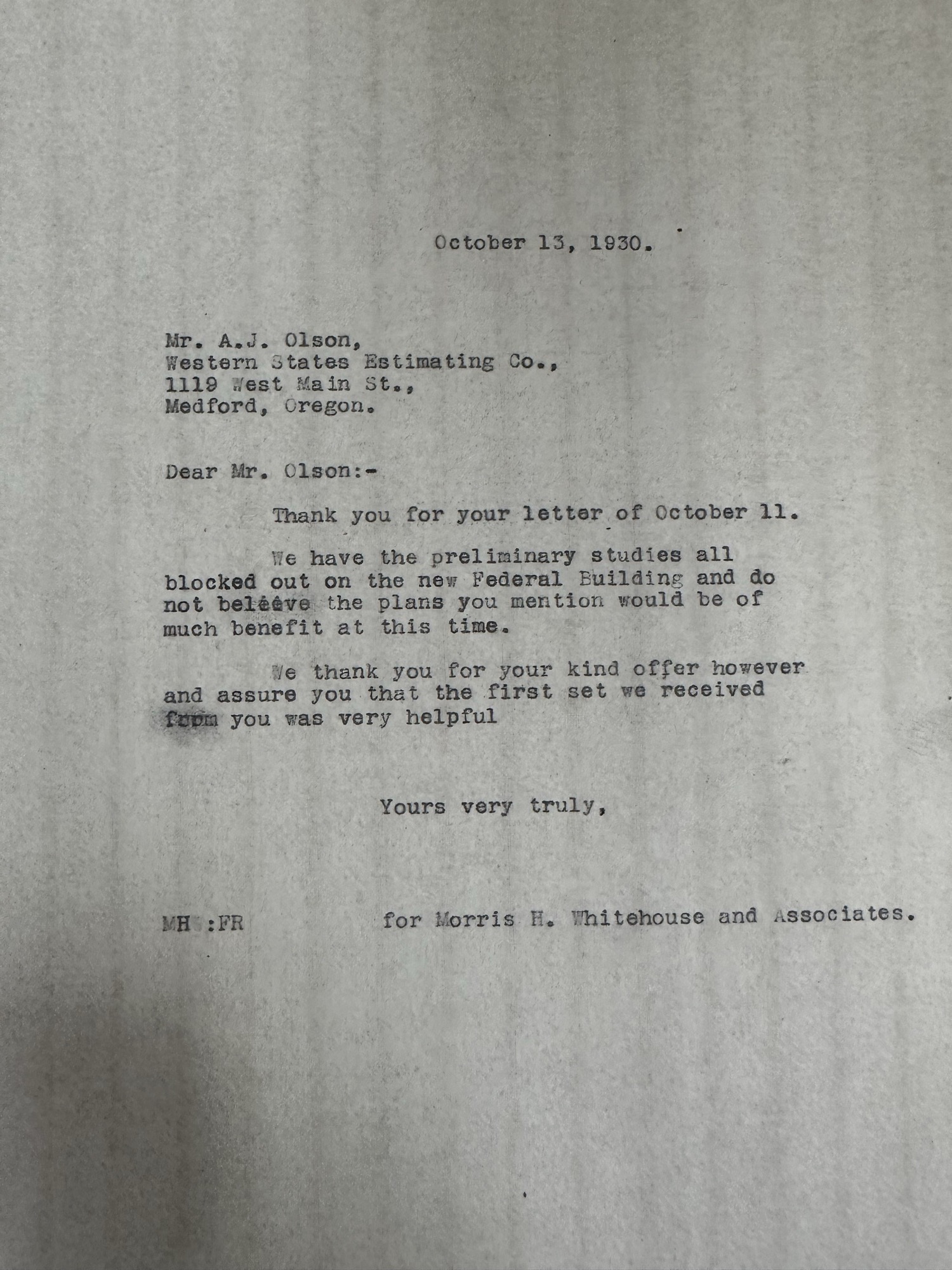 Architects report preliminary studies 'blocked out' for building, Oct 1930