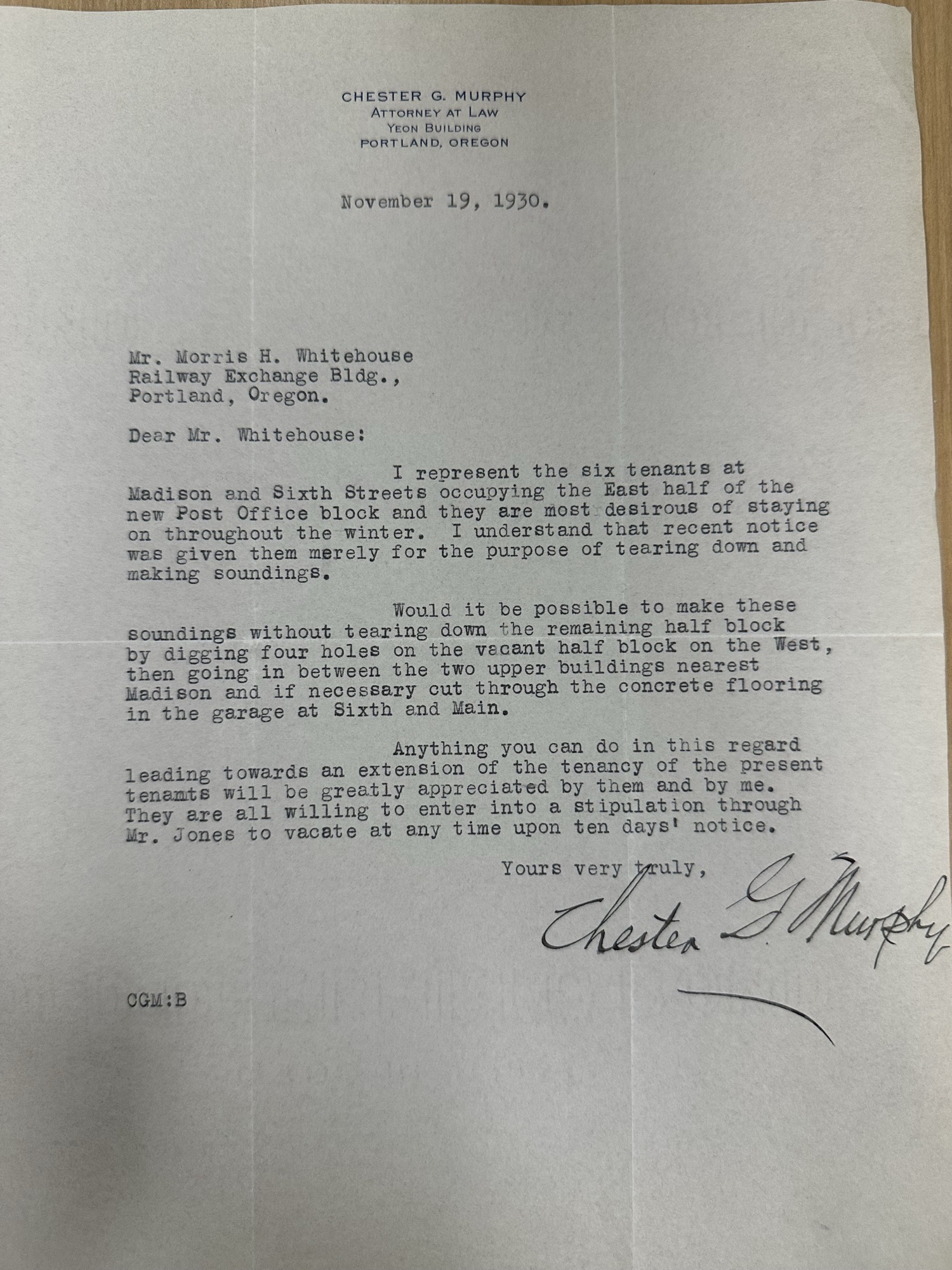 Attorney Chester G. Murphy letter re tenants on Post Office block, 1930