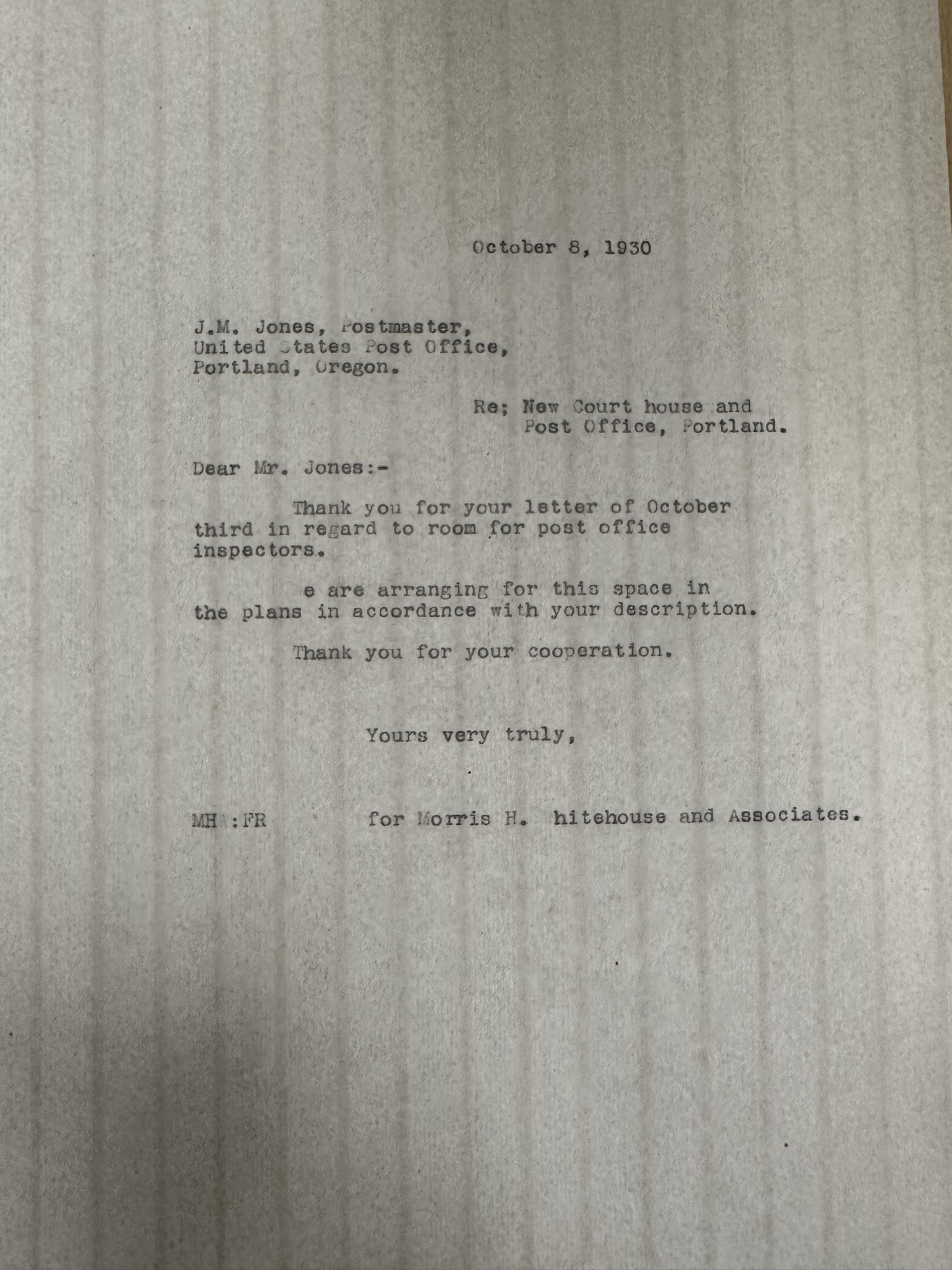 Whitehouse reply to Postmaster J.M. Jones re inspectors' room, 1930