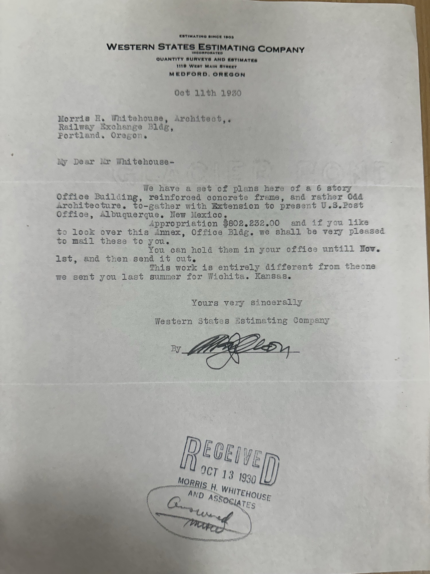 Western States Estimating Co. letter re Albuquerque plans, 1930