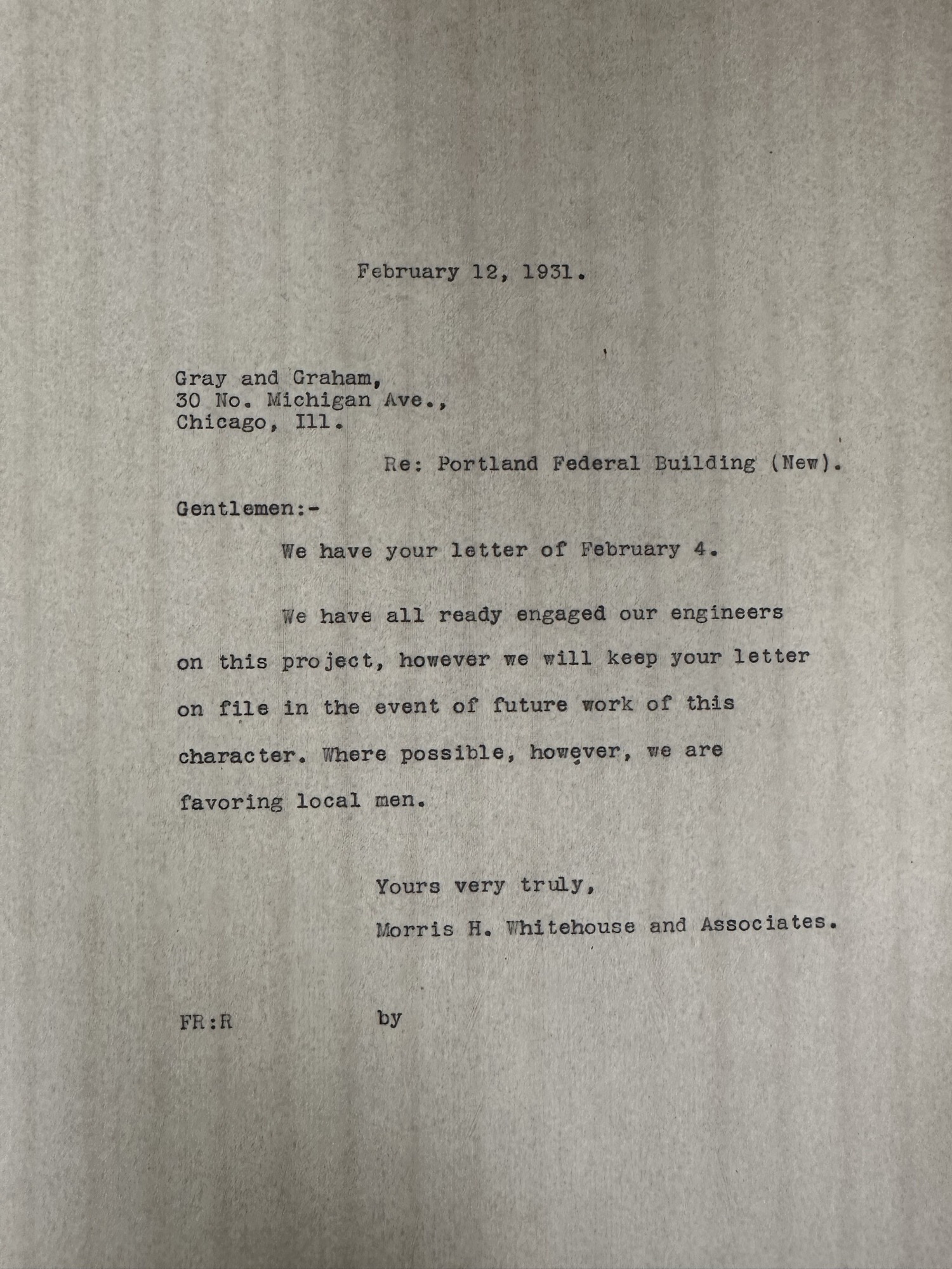 Whitehouse reply to Gray and Graham re engineers, 1931