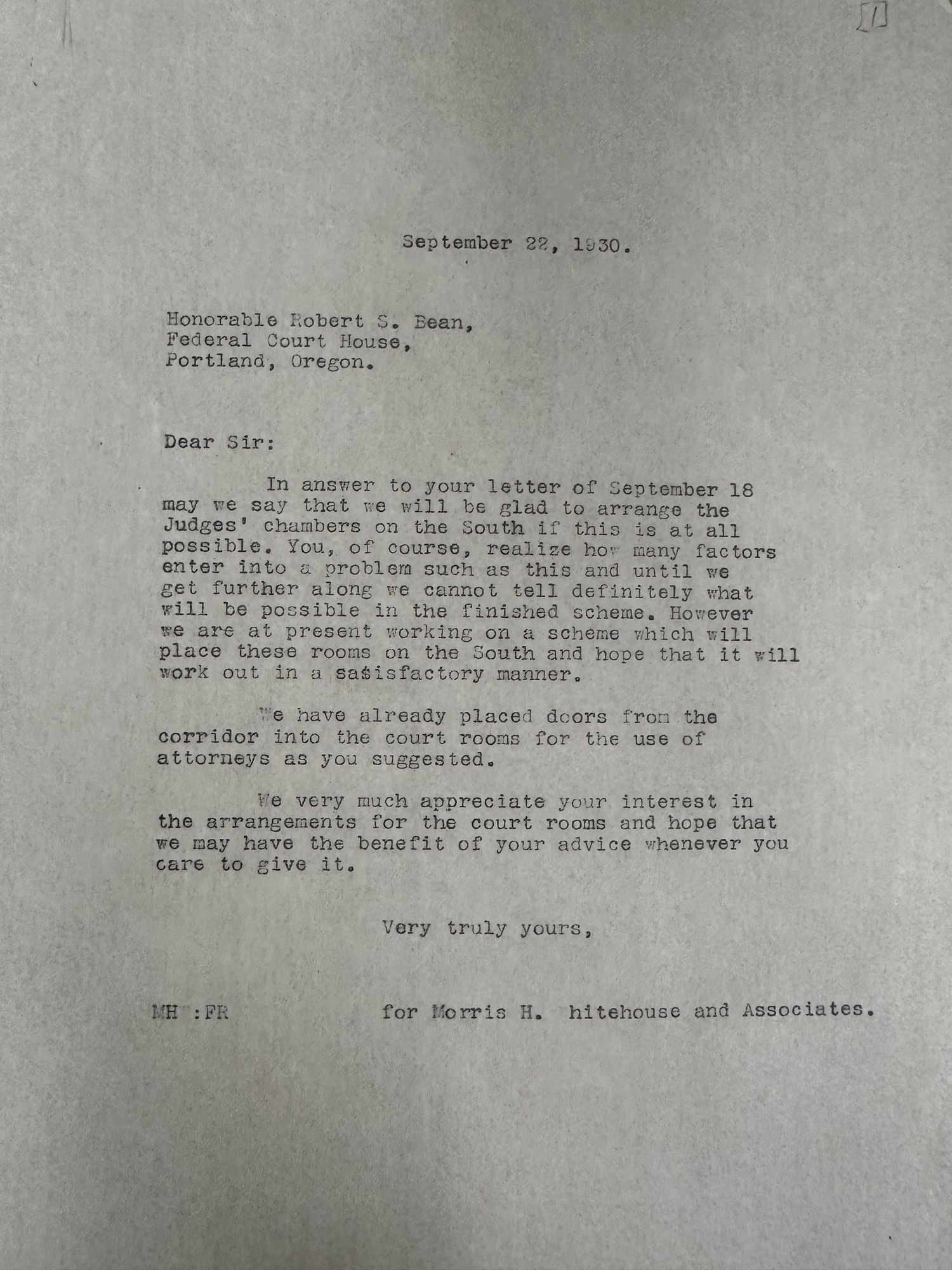 Whitehouse reply to Judge Robert S. Bean on courtroom layout, 1930