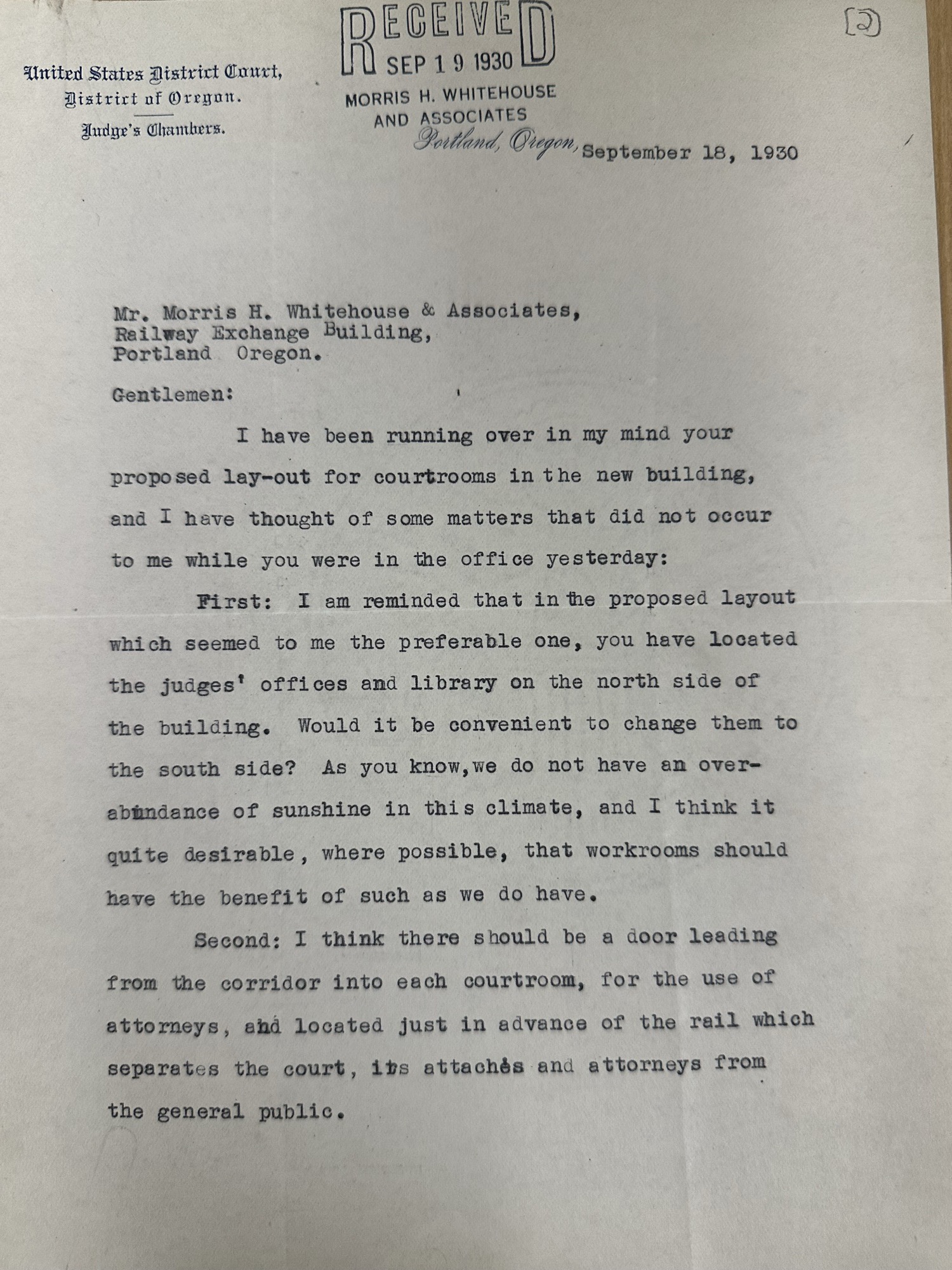 Judge Robert S. Bean's design input on new courthouse, p.1, 1930