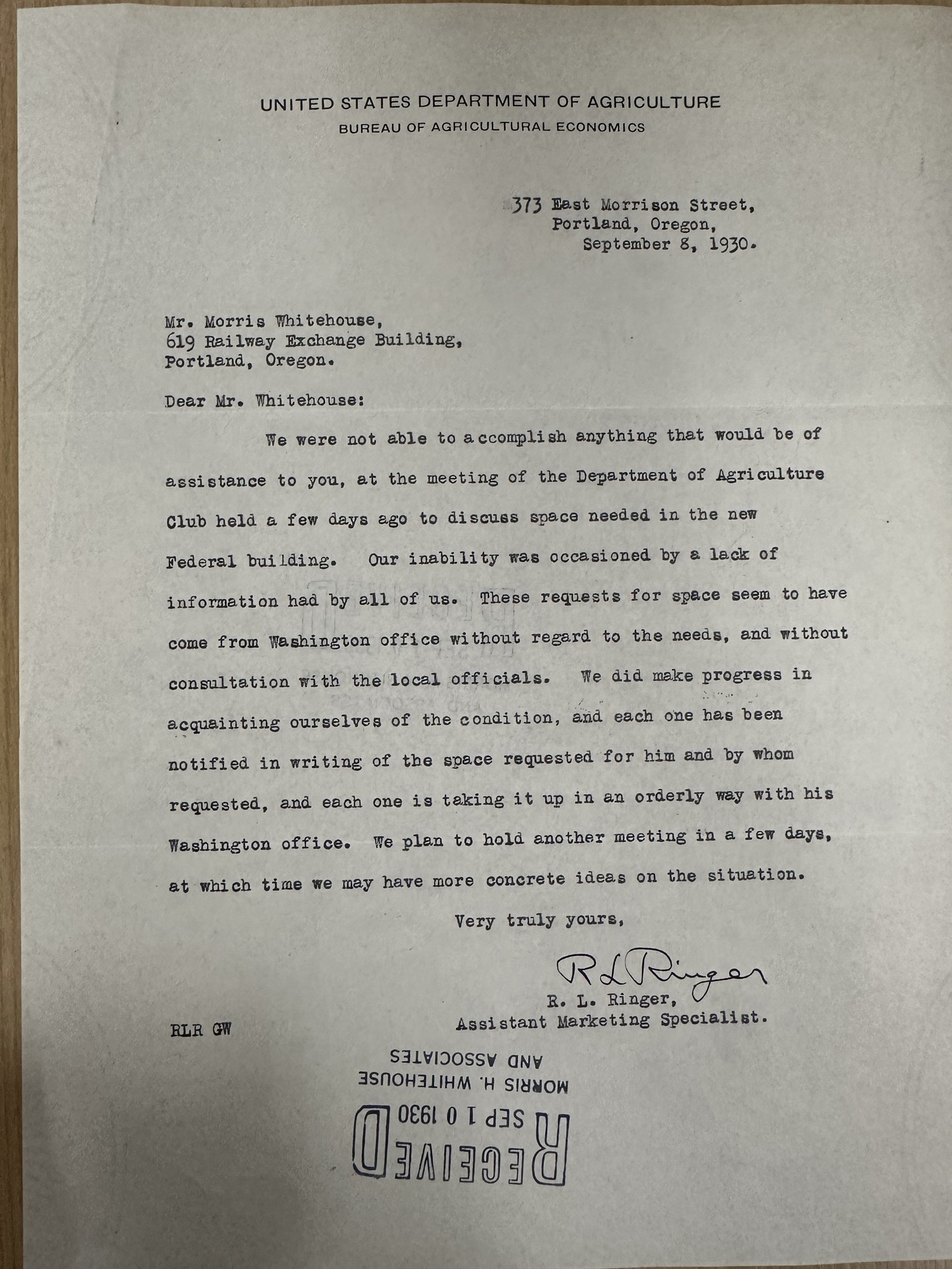 USDA request for space in new Federal Building, 1930
