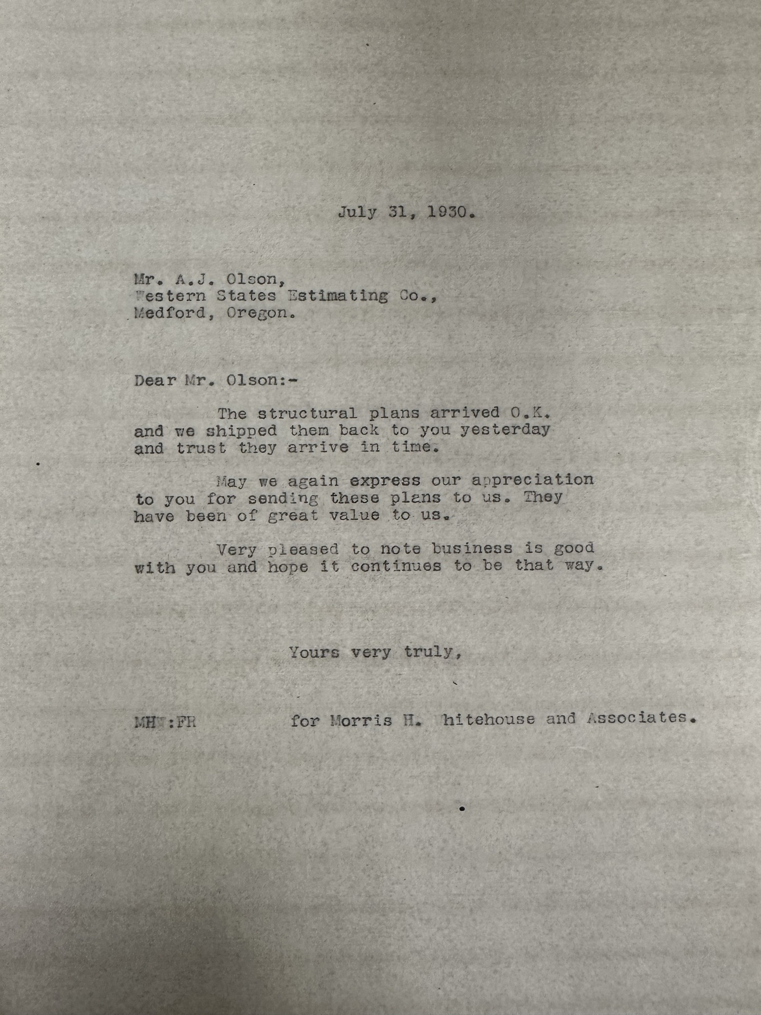 Whitehouse thanks A.J. Olson for returned structural plans, 1930