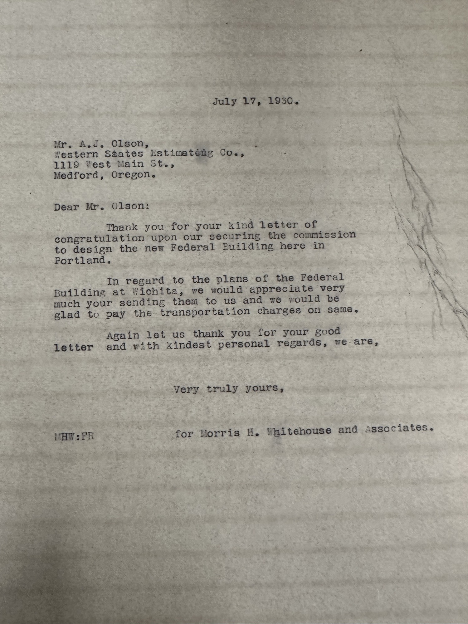 Whitehouse acknowledges commission to design new Federal Building, 1930