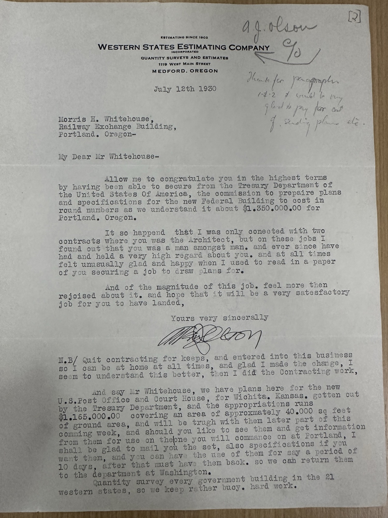 A.J. Olson congratulates Whitehouse on Treasury commission, 1930