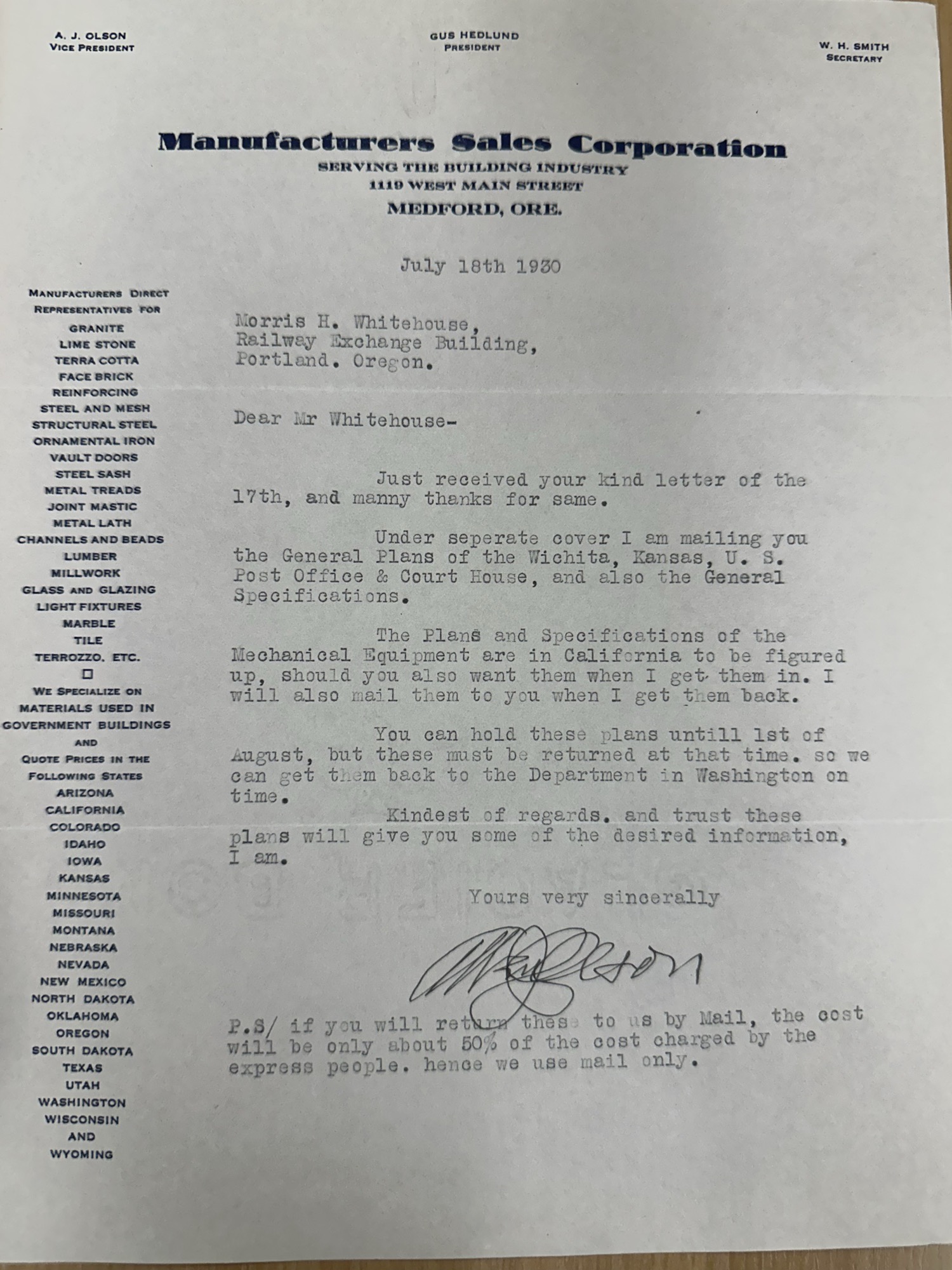 Manufacturers Sales Corp. sends Wichita courthouse plans, 1930