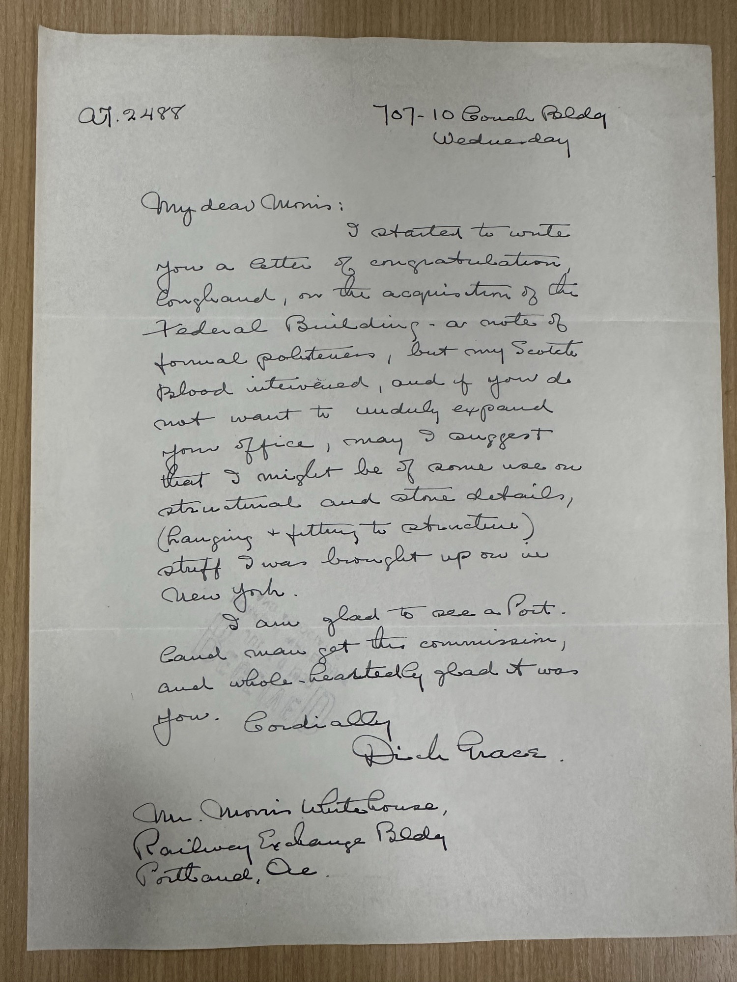 Handwritten congratulations to Whitehouse on Federal Building
