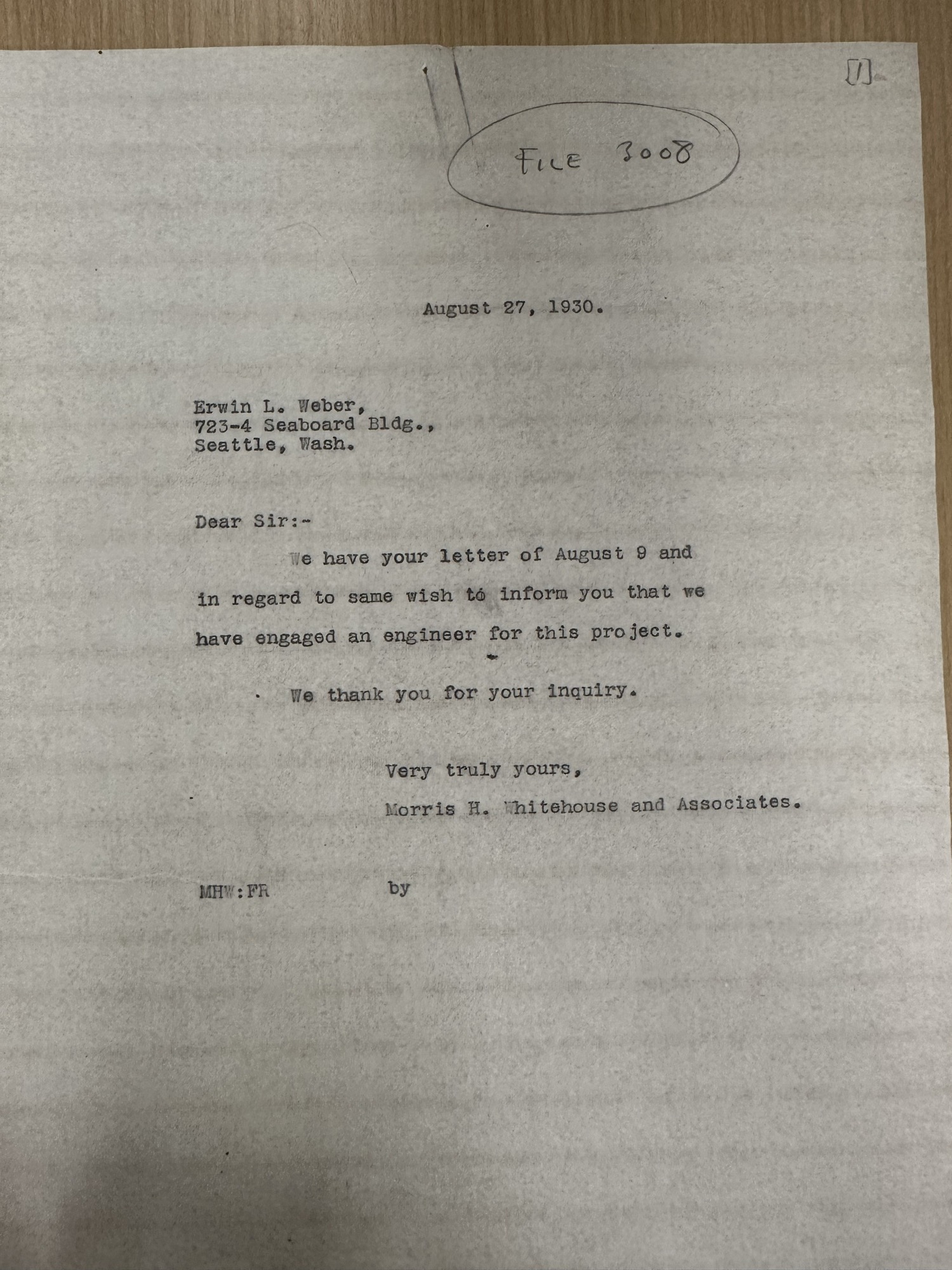 Whitehouse tells Erwin L. Weber engineer already engaged, 1930